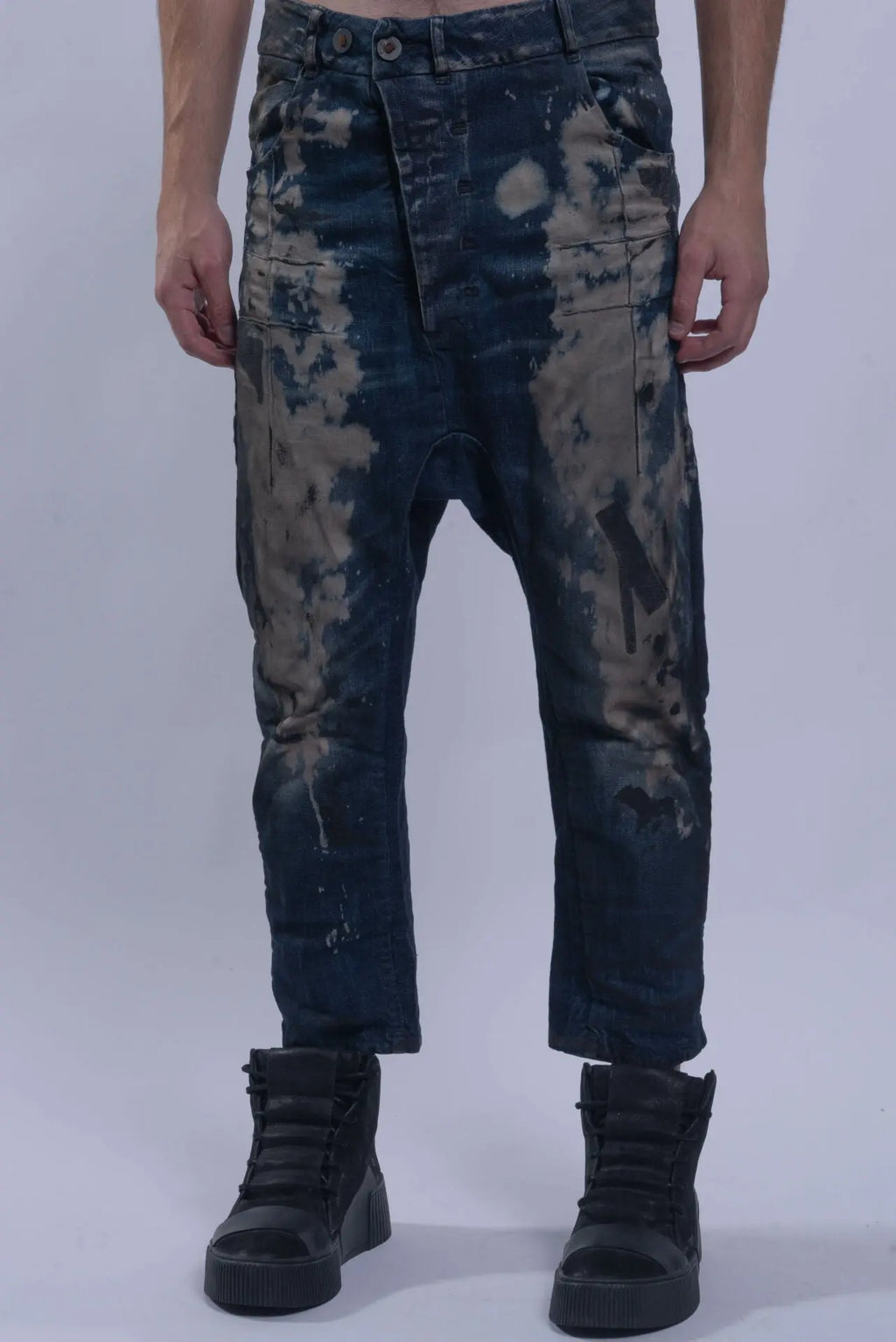 Boris Bidjan Saberi, Mens Jeans, Blue, Acid Splattered, Paint Splatter, Trousers, Pants, BBS, 11 by BBS, Straight Leg, Elastic, Polyurethane, Side Pockets, Back Pockets, Belt Loops, Organic Cotton, Front Portrait. 