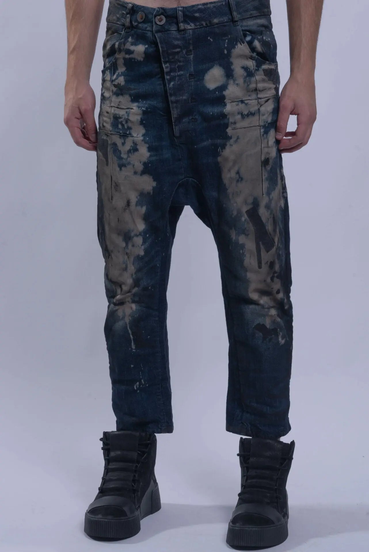 Boris Bidjan Saberi, Mens Jeans, Blue, Acid Splattered, Paint Splatter, Trousers, Pants, BBS, 11 by BBS, Straight Leg, Elastic, Polyurethane, Side Pockets, Back Pockets, Belt Loops, Organic Cotton, Front Portrait. 