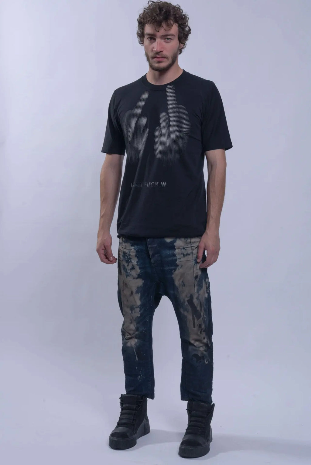 Boris Bidjan Saberi, Mens Jeans, Blue, Acid Splattered, Paint Splatter, Trousers, Pants, BBS, 11 by BBS, Straight Leg, Elastic, Polyurethane, Side Pockets, Back Pockets, Belt Loops, Organic Cotton, Full Body Front View. 