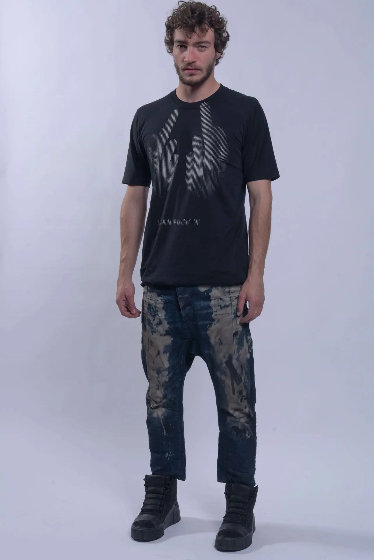 Boris Bidjan Saberi, Mens Jeans, Blue, Acid Splattered, Paint Splatter, Trousers, Pants, BBS, 11 by BBS, Straight Leg, Elastic, Polyurethane, Side Pockets, Back Pockets, Belt Loops, Organic Cotton, Full Body Front View. 