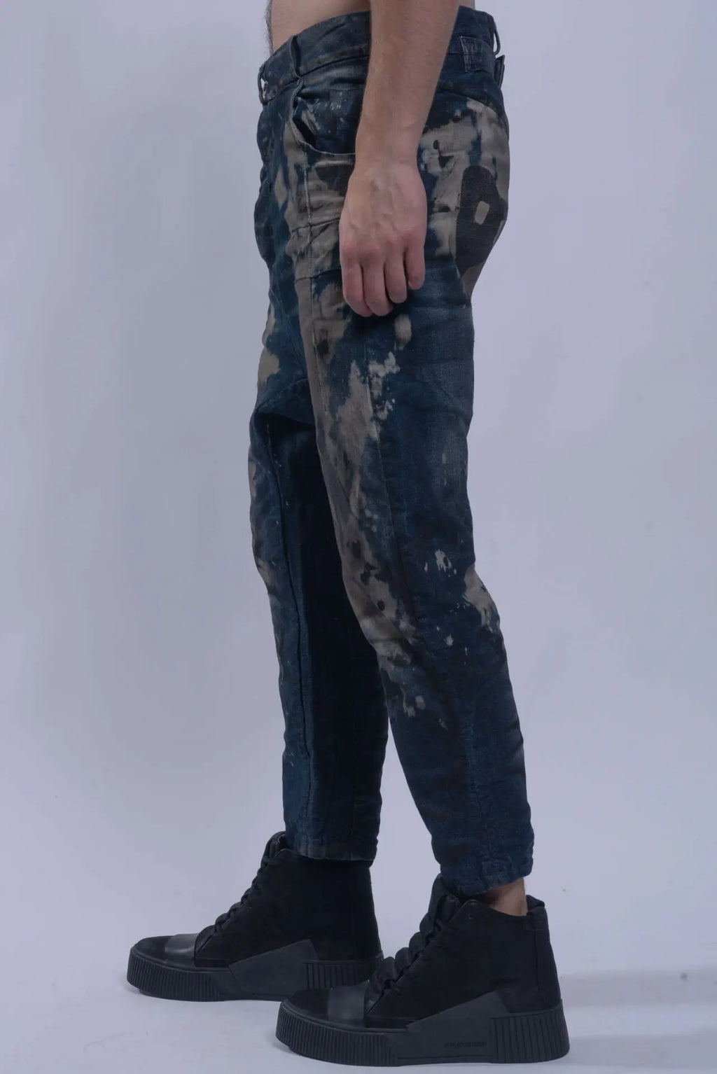 Boris Bidjan Saberi, Mens Jeans, Blue, Acid Splattered, Paint Splatter, Trousers, Pants, BBS, 11 by BBS, Straight Leg, Elastic, Polyurethane, Side Pockets, Back Pockets, Belt Loops, Organic Cotton, Side View. 