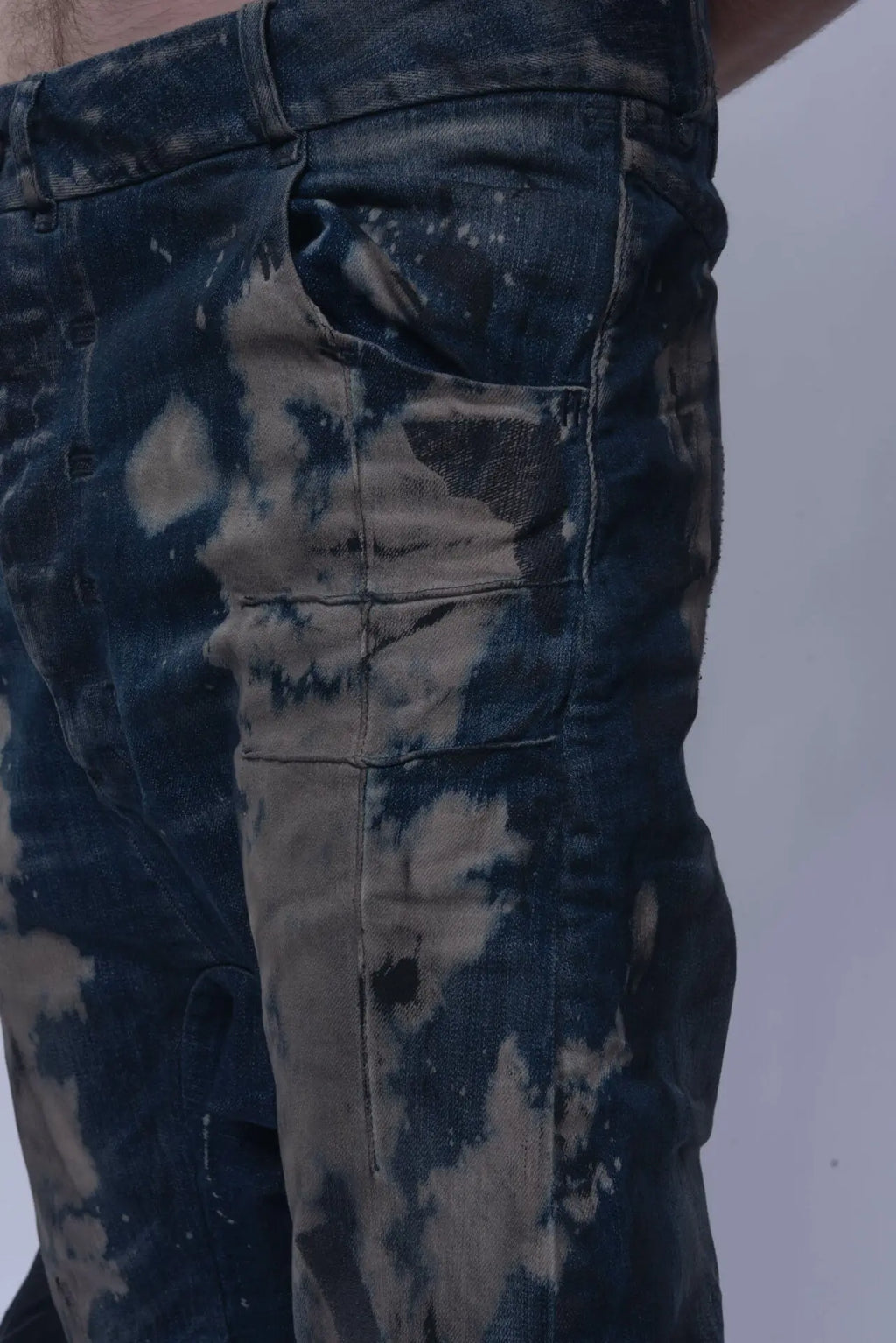 Boris Bidjan Saberi, Mens Jeans, Blue, Acid Splattered, Paint Splatter, Trousers, Pants, BBS, 11 by BBS, Straight Leg, Elastic, Polyurethane, Side Pockets, Back Pockets, Belt Loops, Organic Cotton, Pockets Close-up. 