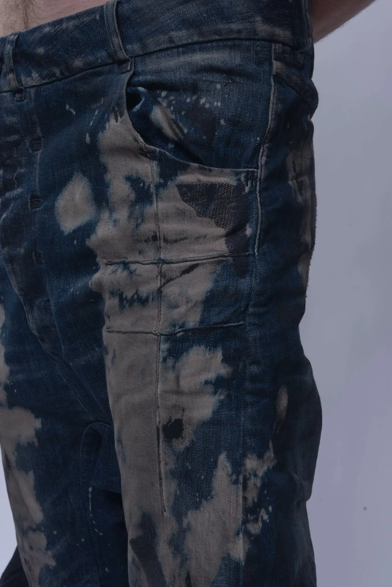 Boris Bidjan Saberi, Mens Jeans, Blue, Acid Splattered, Paint Splatter, Trousers, Pants, BBS, 11 by BBS, Straight Leg, Elastic, Polyurethane, Side Pockets, Back Pockets, Belt Loops, Organic Cotton, Pockets Close-up. 