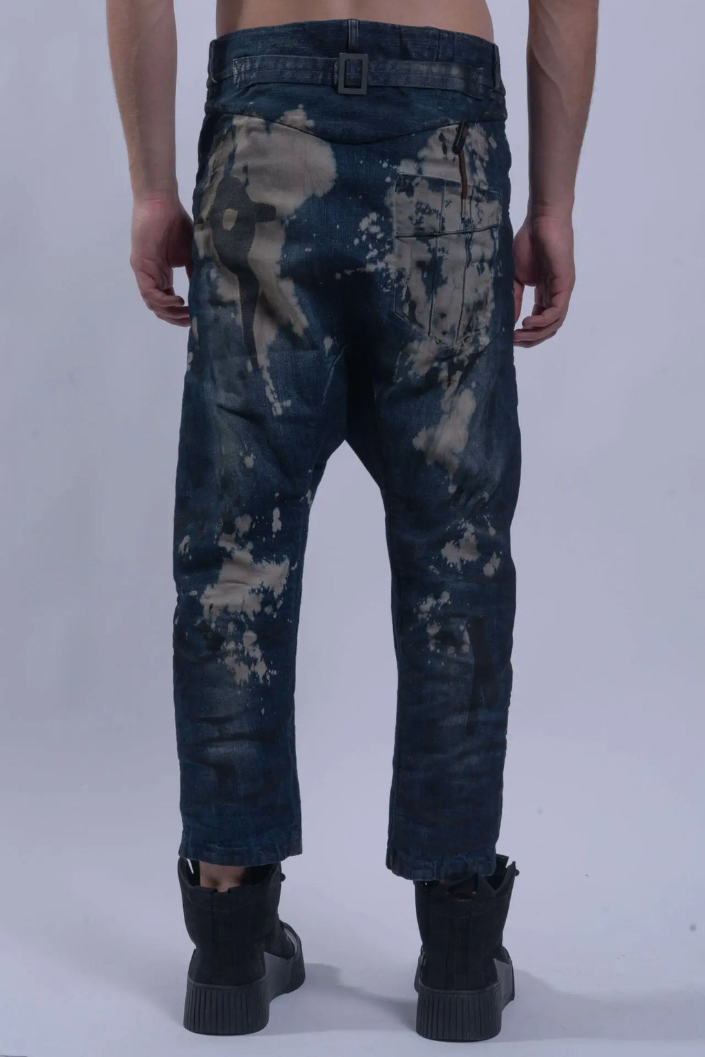 Boris Bidjan Saberi, Mens Jeans, Blue, Acid Splattered, Paint Splatter, Trousers, Pants, BBS, 11 by BBS, Straight Leg, Elastic, Polyurethane, Side Pockets, Back Pockets, Belt Loops, Organic Cotton, Back Portrait. 