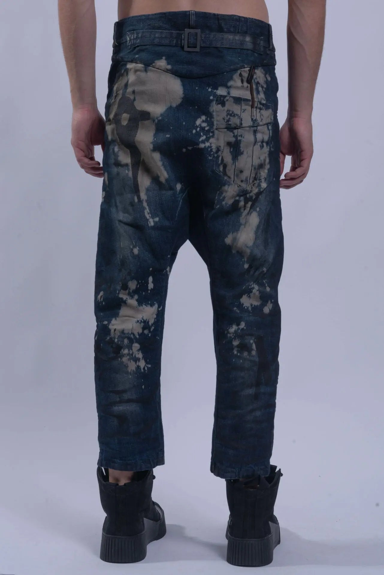 Boris Bidjan Saberi, Mens Jeans, Blue, Acid Splattered, Paint Splatter, Trousers, Pants, BBS, 11 by BBS, Straight Leg, Elastic, Polyurethane, Side Pockets, Back Pockets, Belt Loops, Organic Cotton, Back Portrait. 