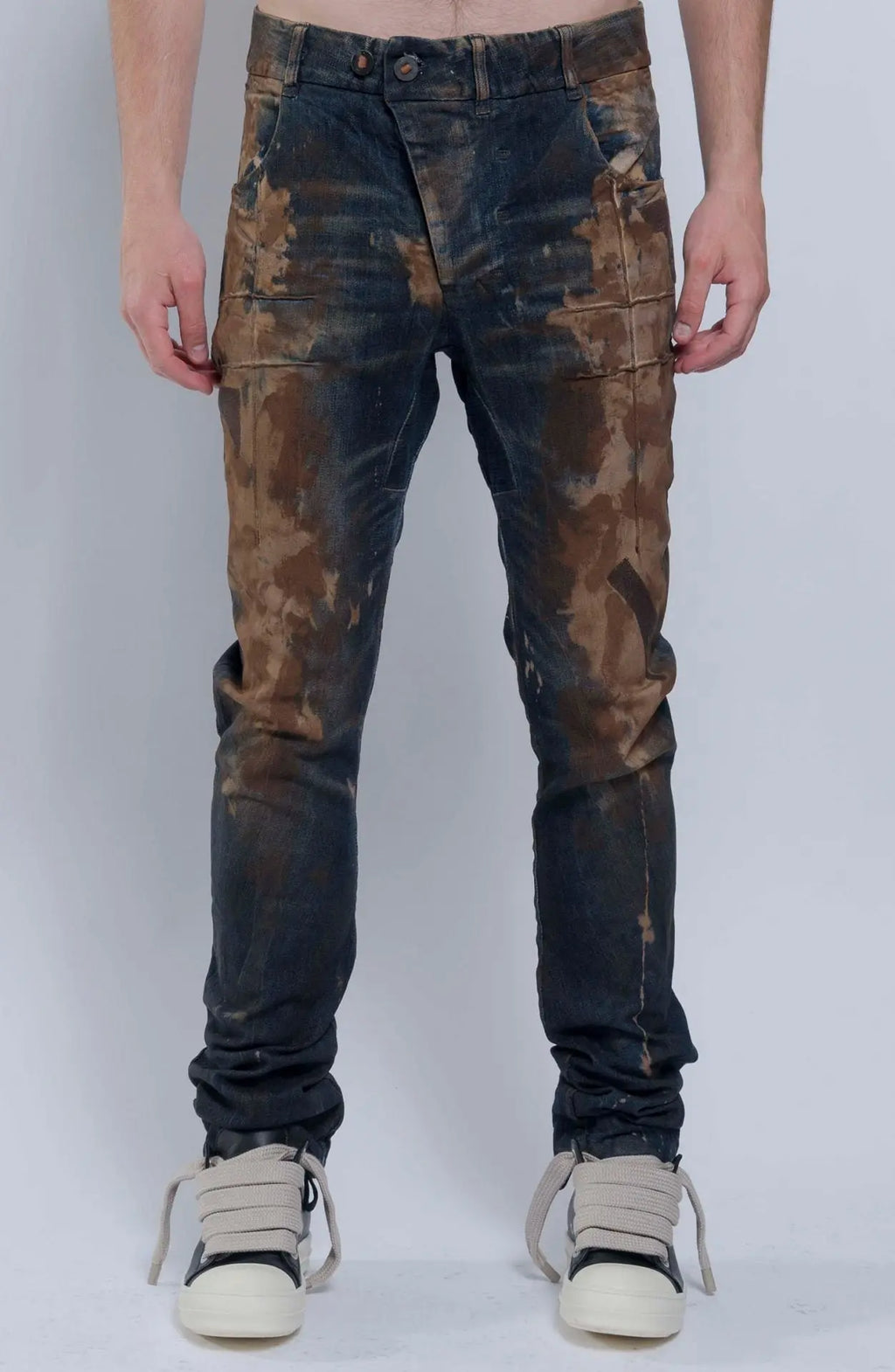 Boris Bidjan Saberi, Mens Jeans, Blue, Beige, Brown, Khaki, Side Pockets, Back Pockets, Belt Loops, BBS Button Closure, Decorative Stitching, Acid Details, Front Portrait. 
