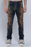 Boris Bidjan Saberi, Mens Jeans, Blue, Beige, Brown, Khaki, Side Pockets, Back Pockets, Belt Loops, BBS Button Closure, Decorative Stitching, Acid Details, Front Portrait. 