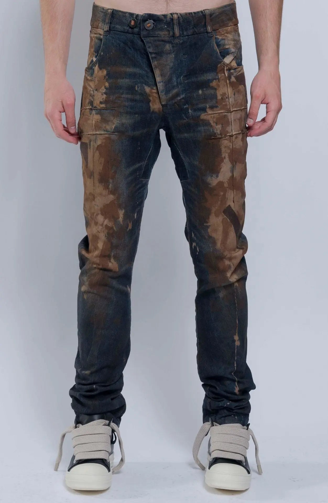 Boris Bidjan Saberi, Mens Jeans, Blue, Beige, Brown, Khaki, Side Pockets, Back Pockets, Belt Loops, BBS Button Closure, Decorative Stitching, Acid Details, Front Portrait. 