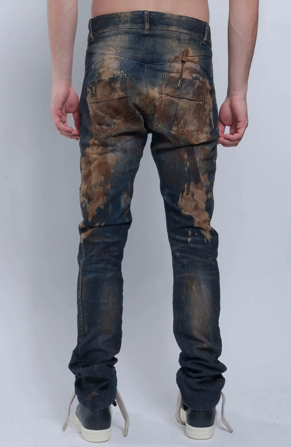 Boris Bidjan Saberi, Mens Jeans, Blue, Beige, Brown, Khaki, Side Pockets, Back Pockets, Belt Loops, BBS Button Closure, Decorative Stitching, Acid Details, Back Portrait. 