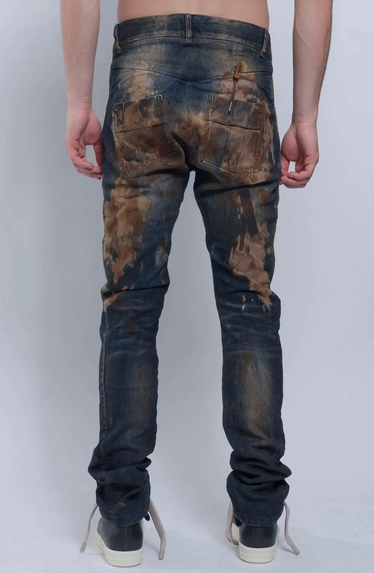 Boris Bidjan Saberi, Mens Jeans, Blue, Beige, Brown, Khaki, Side Pockets, Back Pockets, Belt Loops, BBS Button Closure, Decorative Stitching, Acid Details, Back Portrait. 