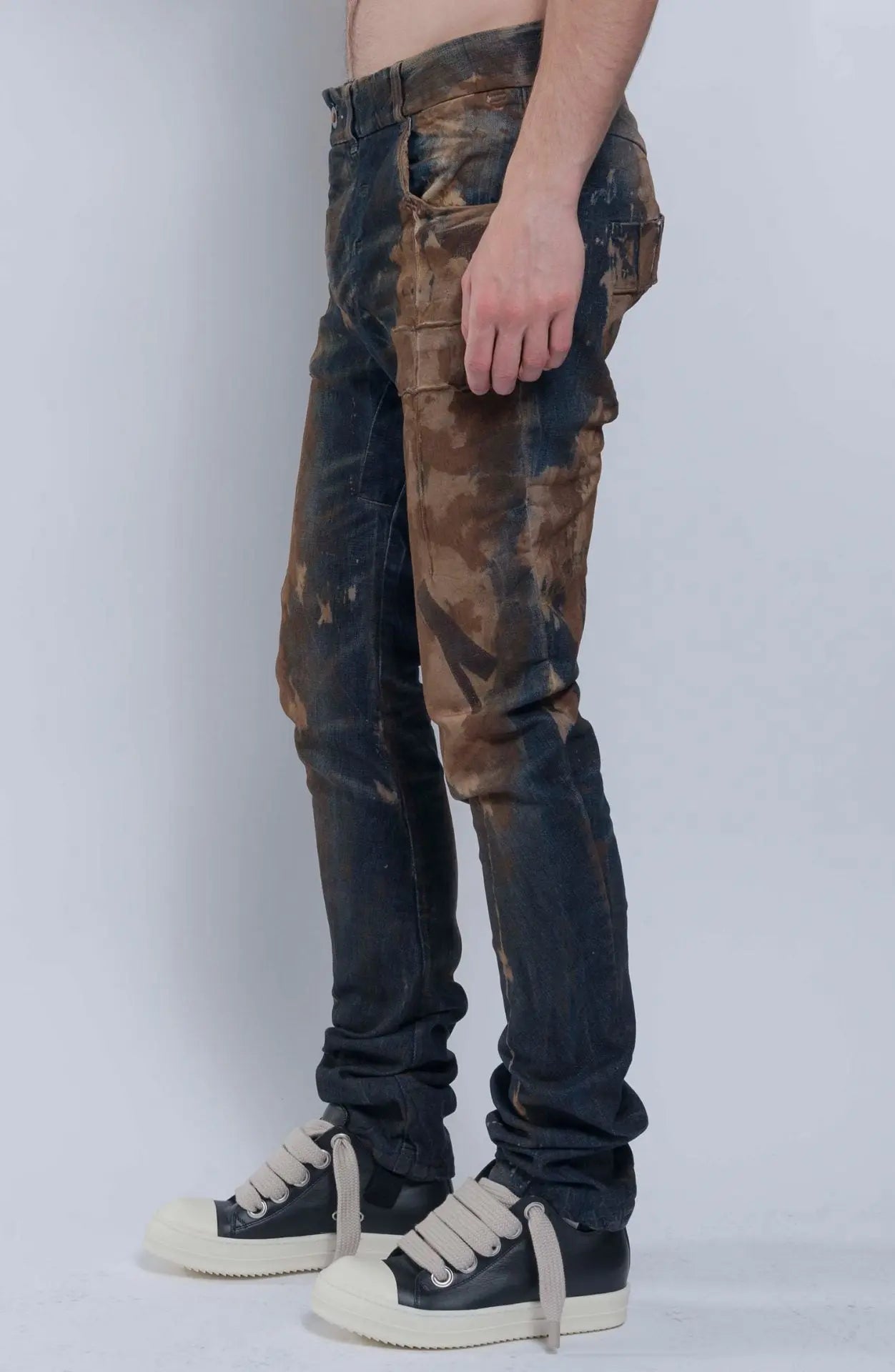 Boris Bidjan Saberi, Mens Jeans, Blue, Beige, Brown, Khaki, Side Pockets, Back Pockets, Belt Loops, BBS Button Closure, Decorative Stitching, Acid Details, Side View. 
