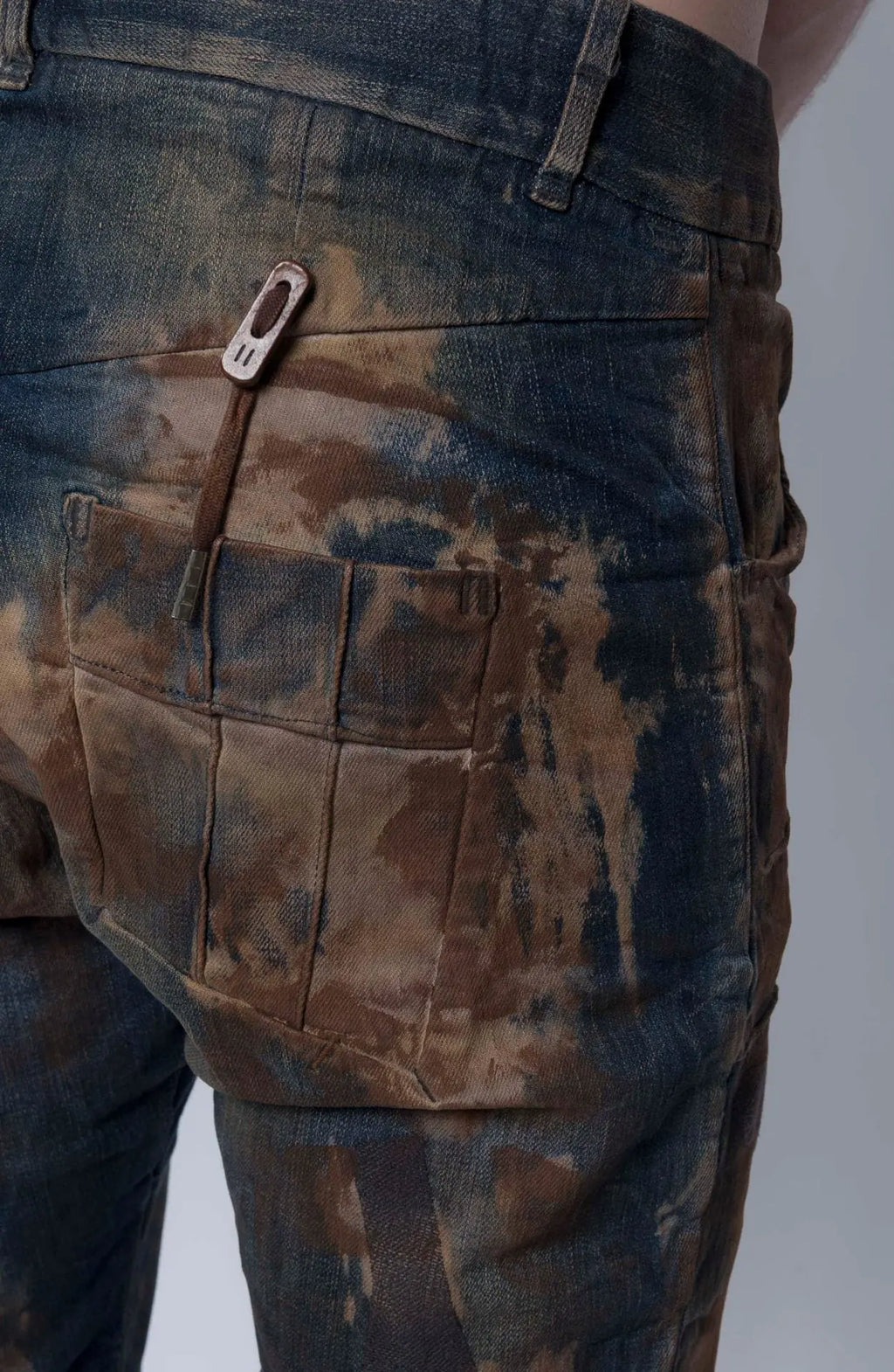 Boris Bidjan Saberi, Mens Jeans, Blue, Beige, Brown, Khaki, Side Pockets, Back Pockets, Belt Loops, BBS Button Closure, Decorative Stitching, Acid Details, Back Pocket Close-up. 