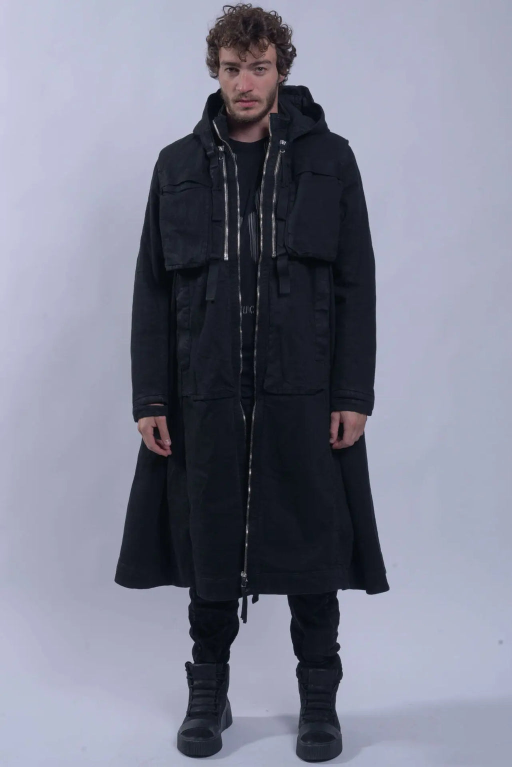 Boris Bidjan Saberi, 11 by BBS, Mens Parka Coat, Black, Nickel-Pressed, Vynyl Coated, Nickel Details, Full-Zip, Pockets, Removable Vest, Long Sleeves, Thumbholes, Zip Pockets, Side Pockets, Bellow Pockets, Chest Pockets, Hooded, Full Body Front View. 