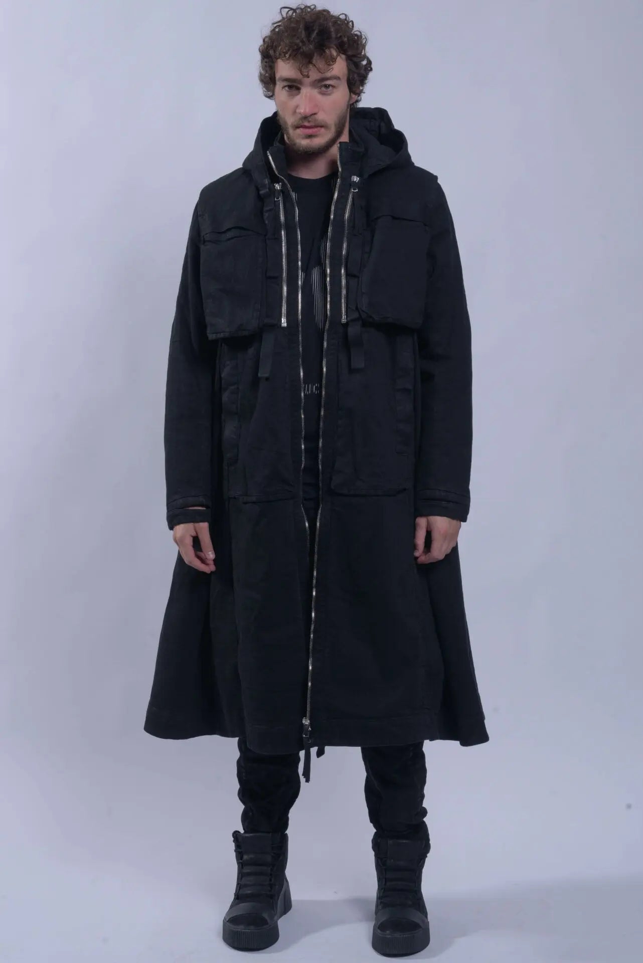 Boris Bidjan Saberi, 11 by BBS, Mens Parka Coat, Black, Nickel-Pressed, Vynyl Coated, Nickel Details, Full-Zip, Pockets, Removable Vest, Long Sleeves, Thumbholes, Zip Pockets, Side Pockets, Bellow Pockets, Chest Pockets, Hooded, Full Body Front View. 
