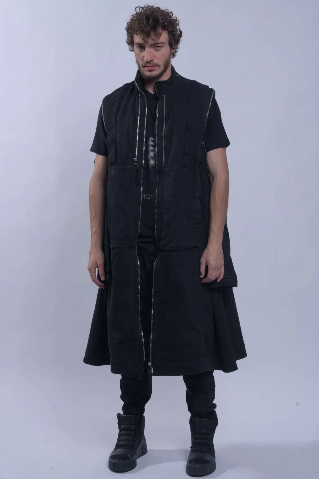 Boris Bidjan Saberi, 11 by BBS, Mens Parka Coat, Black, Nickel-Pressed, Vynyl Coated, Nickel Details, Full-Zip, Pockets, Removable Vest, Long Sleeves, Thumbholes, Zip Pockets, Side Pockets, Bellow Pockets, Chest Pockets, Hooded, Full Body Front View Sleeveless. 