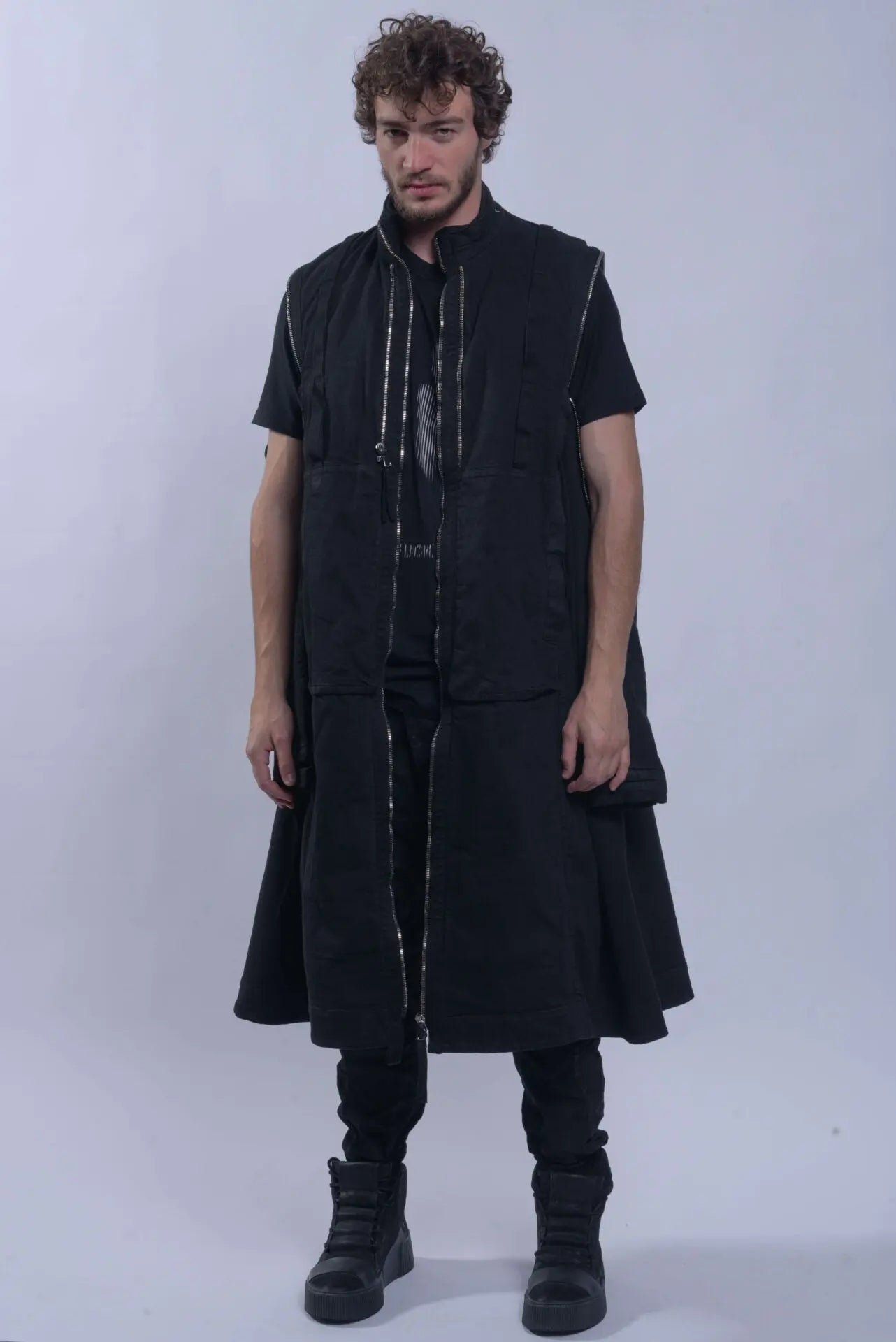 Boris Bidjan Saberi, 11 by BBS, Mens Parka Coat, Black, Nickel-Pressed, Vynyl Coated, Nickel Details, Full-Zip, Pockets, Removable Vest, Long Sleeves, Thumbholes, Zip Pockets, Side Pockets, Bellow Pockets, Chest Pockets, Hooded, Full Body Front View Sleeveless. 