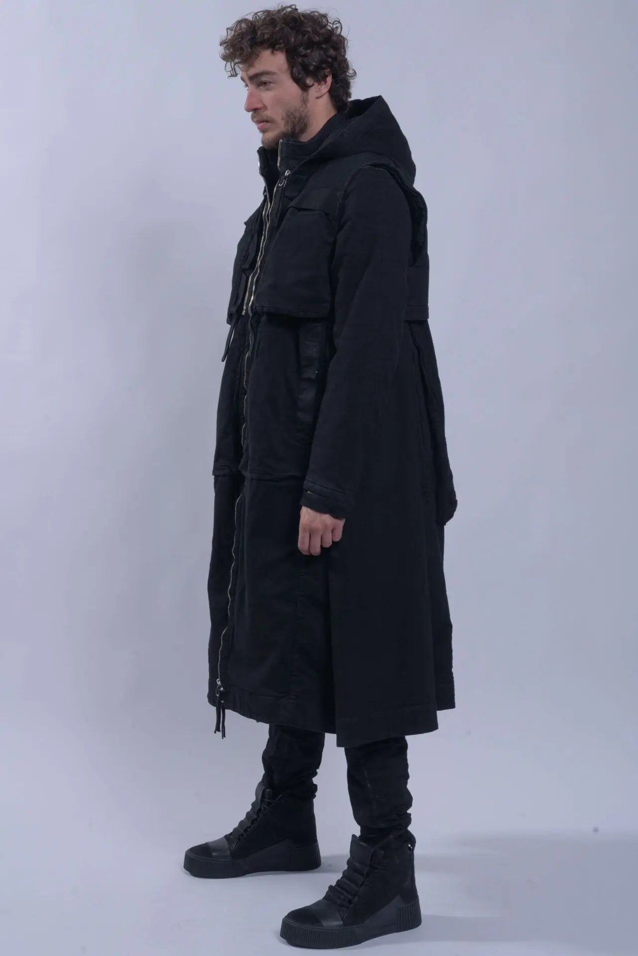 Boris Bidjan Saberi, 11 by BBS, Mens Parka Coat, Black, Nickel-Pressed, Vynyl Coated, Nickel Details, Full-Zip, Pockets, Removable Vest, Long Sleeves, Thumbholes, Zip Pockets, Side Pockets, Bellow Pockets, Chest Pockets, Hooded, Full Body Front 3/4 View