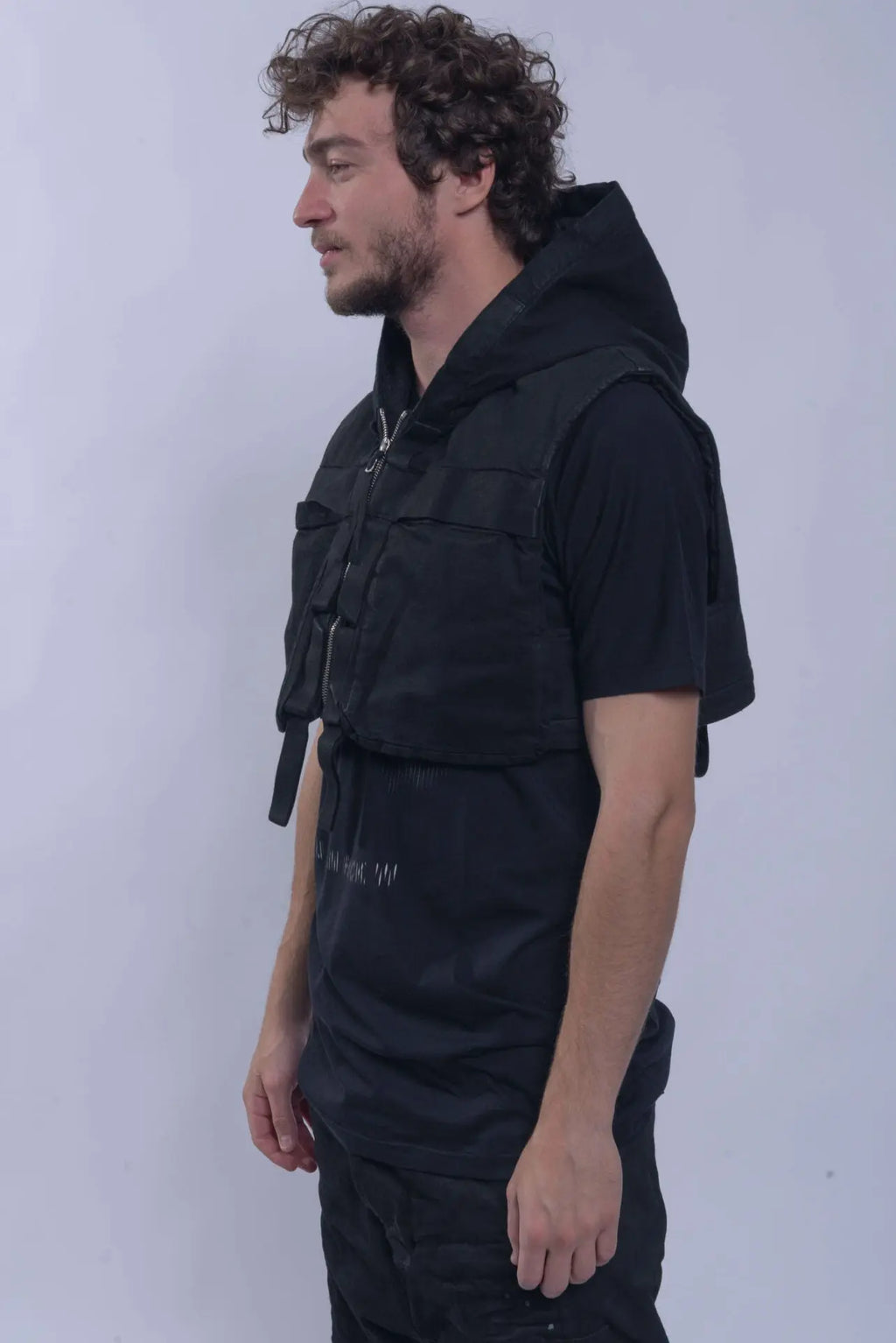 Boris Bidjan Saberi, 11 by BBS, Mens Parka Coat, Black, Nickel-Pressed, Vynyl Coated, Nickel Details, Full-Zip, Pockets, Removable Vest, Long Sleeves, Thumbholes, Zip Pockets, Side Pockets, Bellow Pockets, Chest Pockets, Hooded, Front Portrait 3/4 View. 