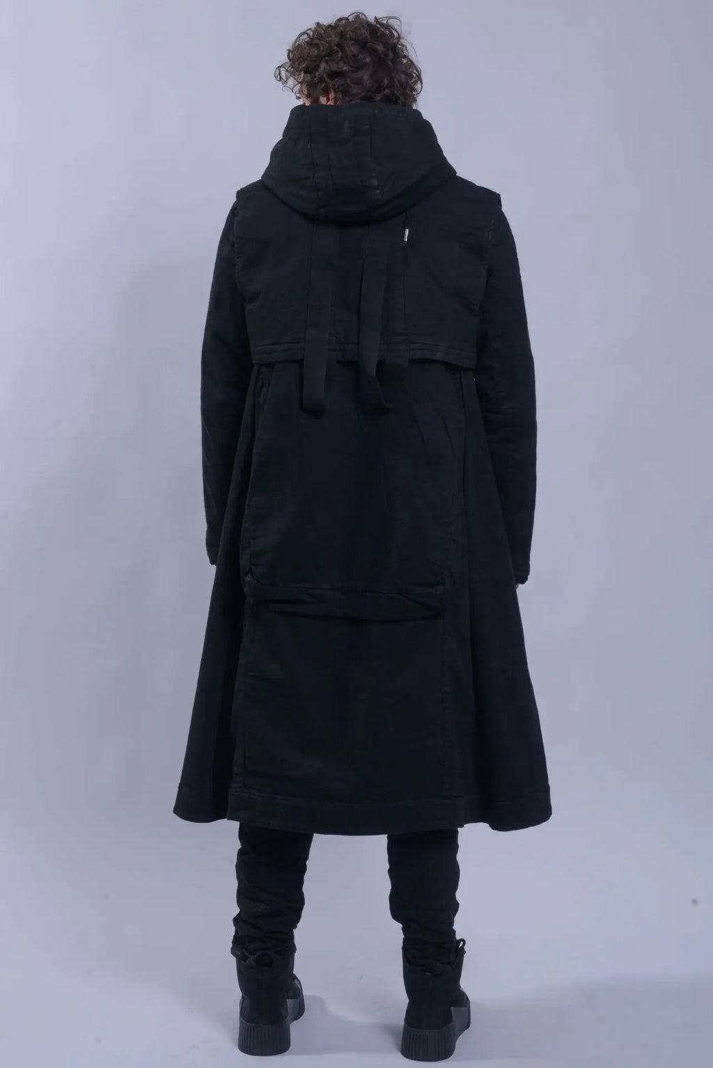 Boris Bidjan Saberi, 11 by BBS, Mens Parka Coat, Black, Nickel-Pressed, Vynyl Coated, Nickel Details, Full-Zip, Pockets, Removable Vest, Long Sleeves, Thumbholes, Zip Pockets, Side Pockets, Bellow Pockets, Chest Pockets, Hooded, Full Body Back View. 