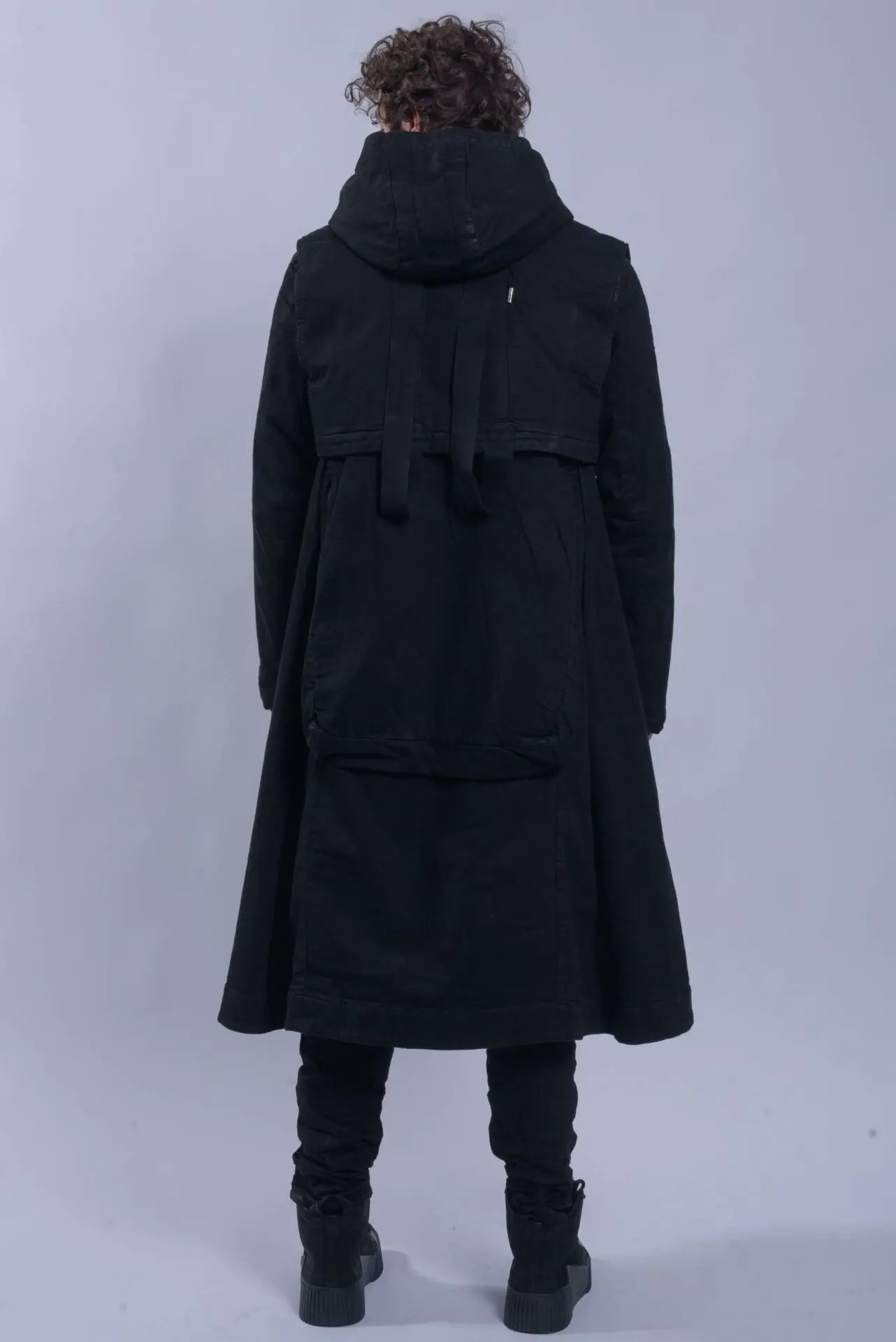 Boris Bidjan Saberi, 11 by BBS, Mens Parka Coat, Black, Nickel-Pressed, Vynyl Coated, Nickel Details, Full-Zip, Pockets, Removable Vest, Long Sleeves, Thumbholes, Zip Pockets, Side Pockets, Bellow Pockets, Chest Pockets, Hooded, Full Body Back View. 