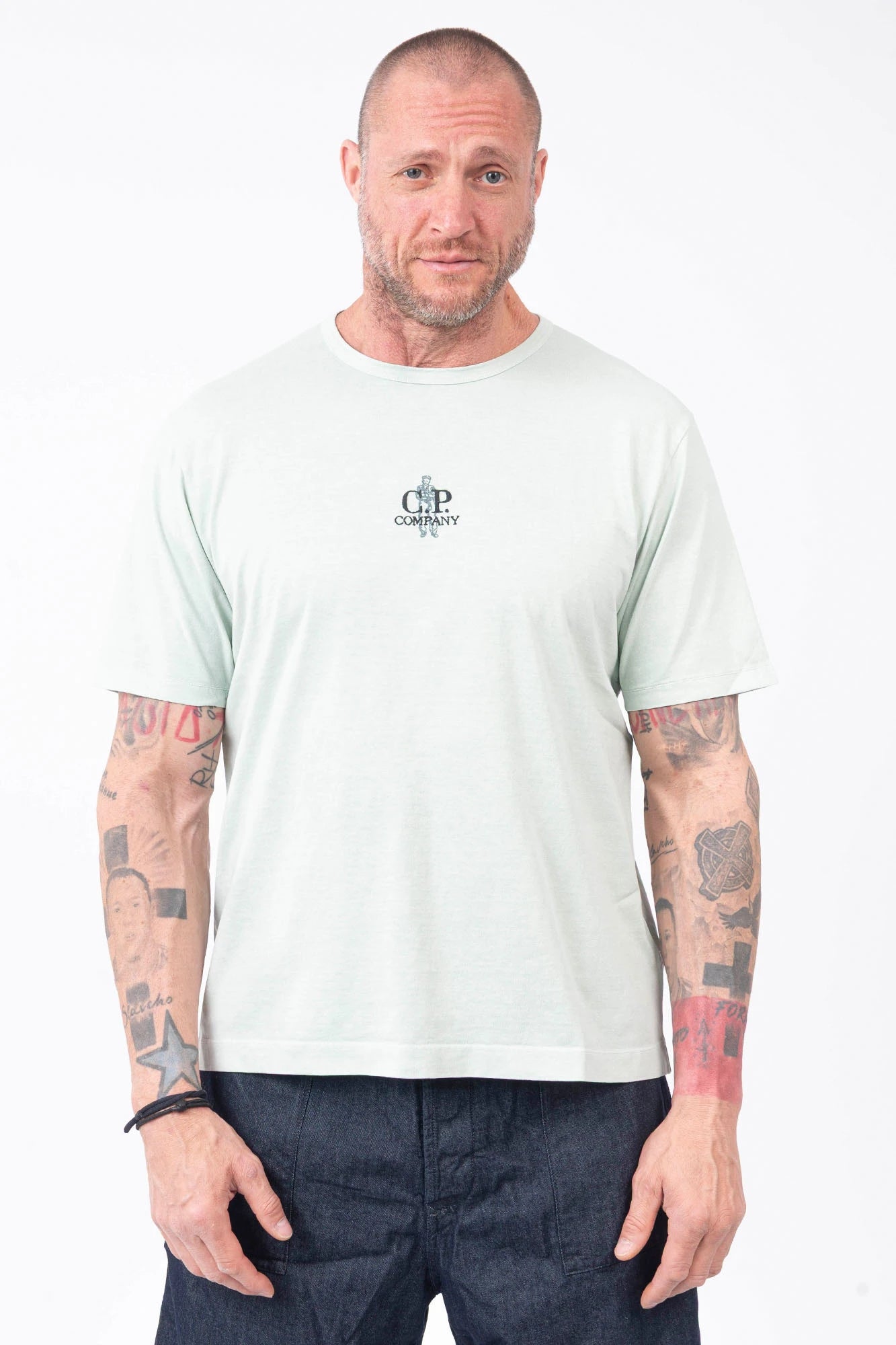 C.P. Company, Mens T-Shirt, Misty Blue 804, Light Blue, Garment Dyed, Chest and Back Embroidery, Short Sleeves, 100% Organic Cotton, Ribbed Hems and Neck, Crew Neck, Chester Perry, Massimo Osti, Front Portrait. 