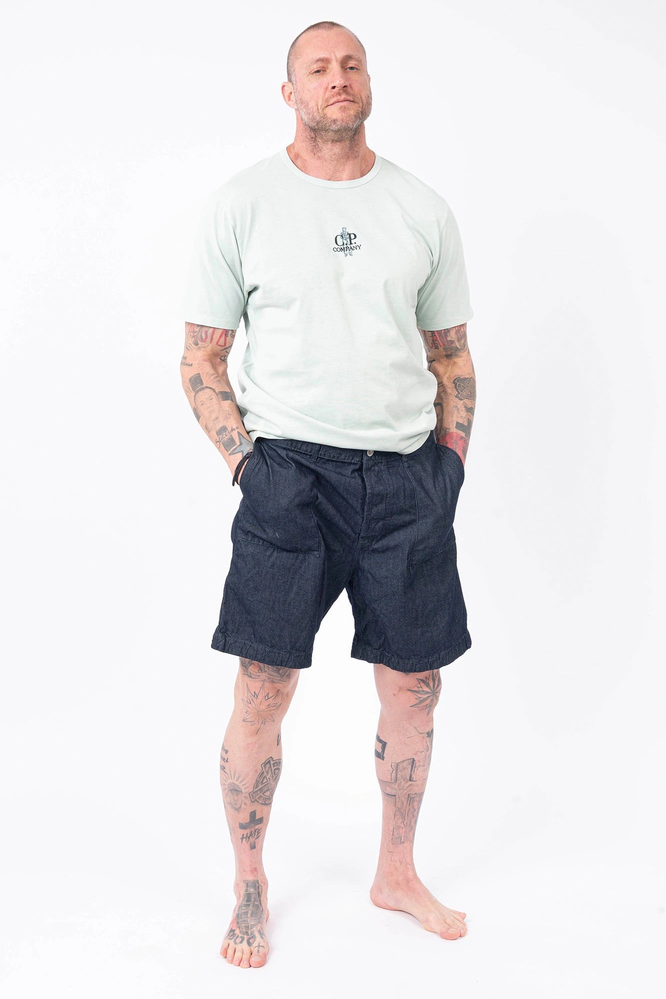 C.P. Company, Mens T-Shirt, Misty Blue 804, Light Blue, Garment Dyed, Chest and Back Embroidery, Short Sleeves, 100% Organic Cotton, Ribbed Hems and Neck, Crew Neck, Chester Perry, Massimo Osti, Full Body Front View. 