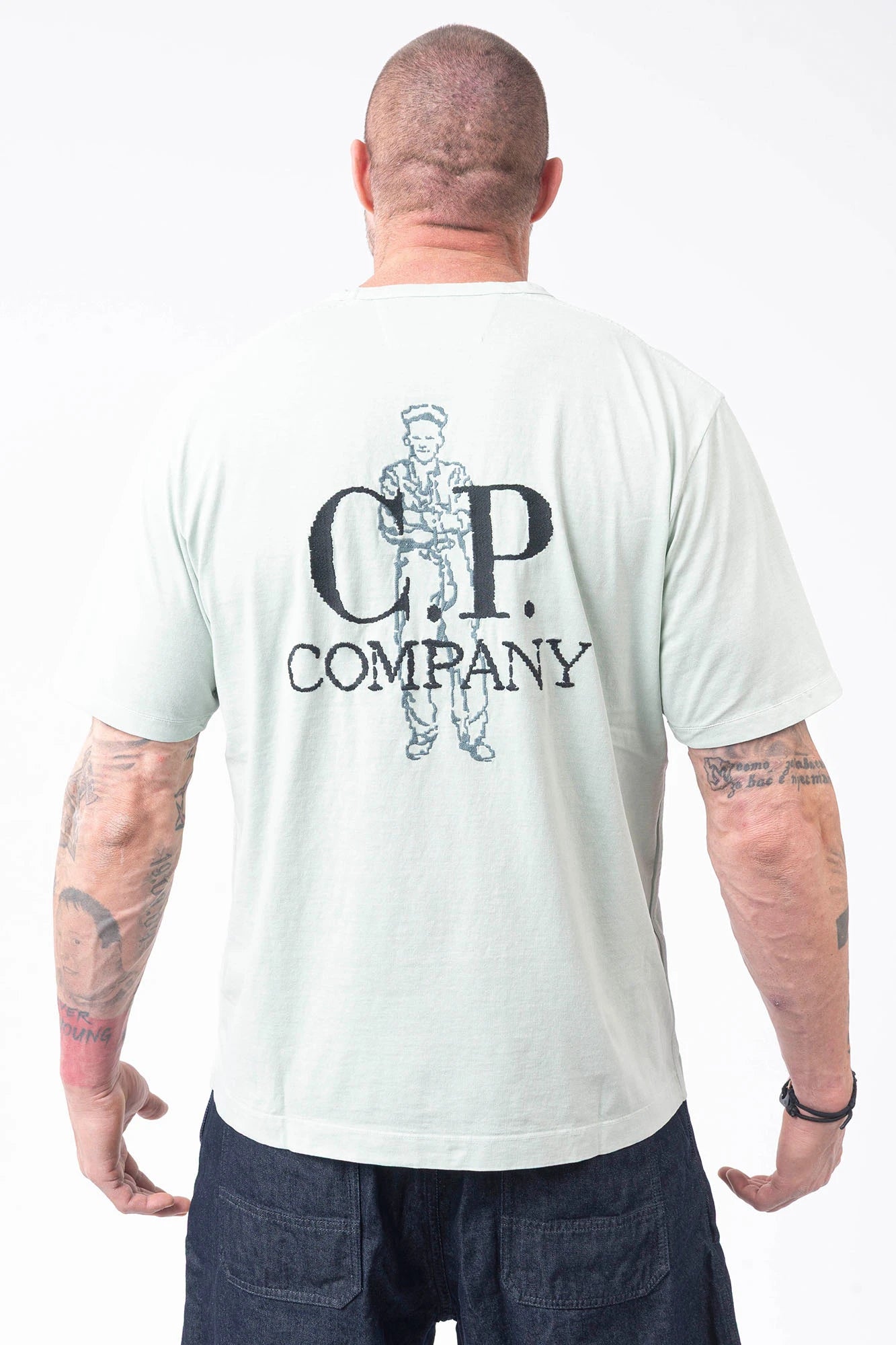 C.P. Company, Mens T-Shirt, Misty Blue 804, Light Blue, Garment Dyed, Chest and Back Embroidery, Short Sleeves, 100% Organic Cotton, Ribbed Hems and Neck, Crew Neck, Chester Perry, Massimo Osti, Back Portrait. 
