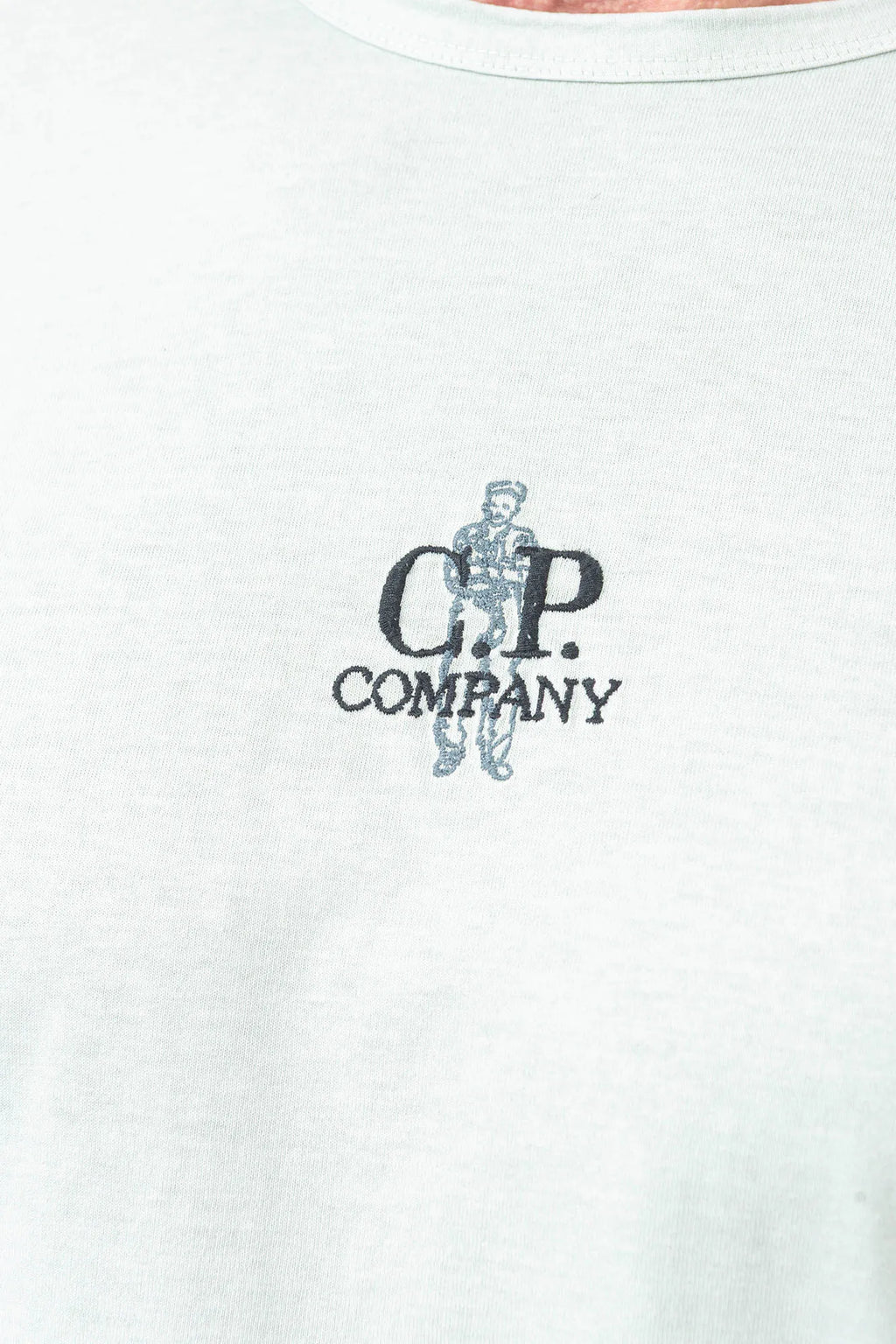 C.P. Company, Mens T-Shirt, Misty Blue 804, Light Blue, Garment Dyed, Chest and Back Embroidery, Short Sleeves, 100% Organic Cotton, Ribbed Hems and Neck, Crew Neck, Chester Perry, Massimo Osti, Chest Embroidery. 
