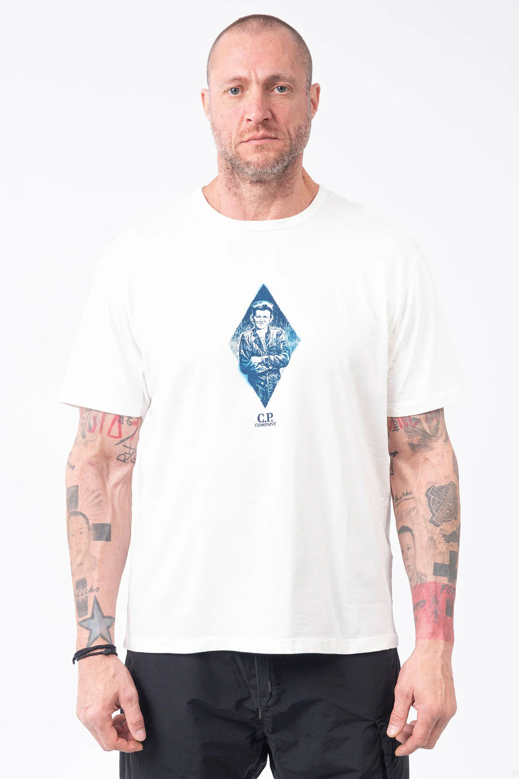 C.P. Company, Mens T-Shirt, White, Blue, Chester Perry, Massimo Osti, Blue Print, Chest and Back Print, Short Sleeves, Cotton Jersey, 100% Cotton, Hand Sprayed, Ribbed Neck and Cuffs, Crew Neck, Front Portrait. 