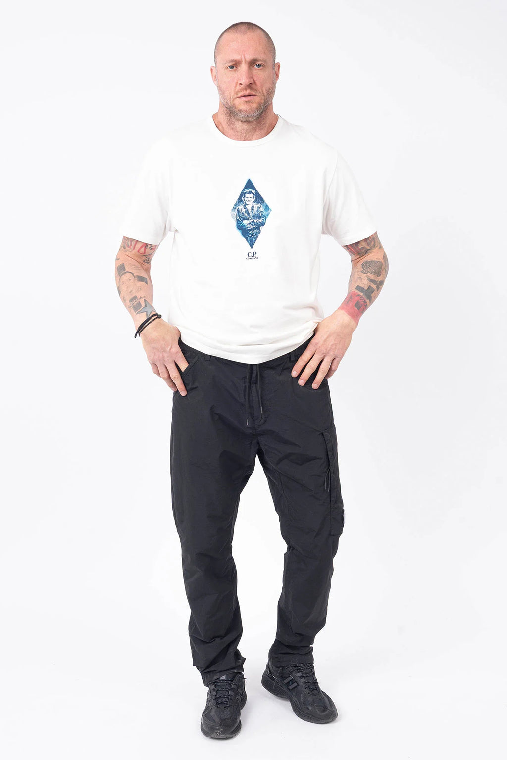 C.P. Company, Mens T-Shirt, White, Blue, Chester Perry, Massimo Osti, Blue Print, Chest and Back Print, Short Sleeves, Cotton Jersey, 100% Cotton, Hand Sprayed, Ribbed Neck and Cuffs, Crew Neck, Full Body Front View. 