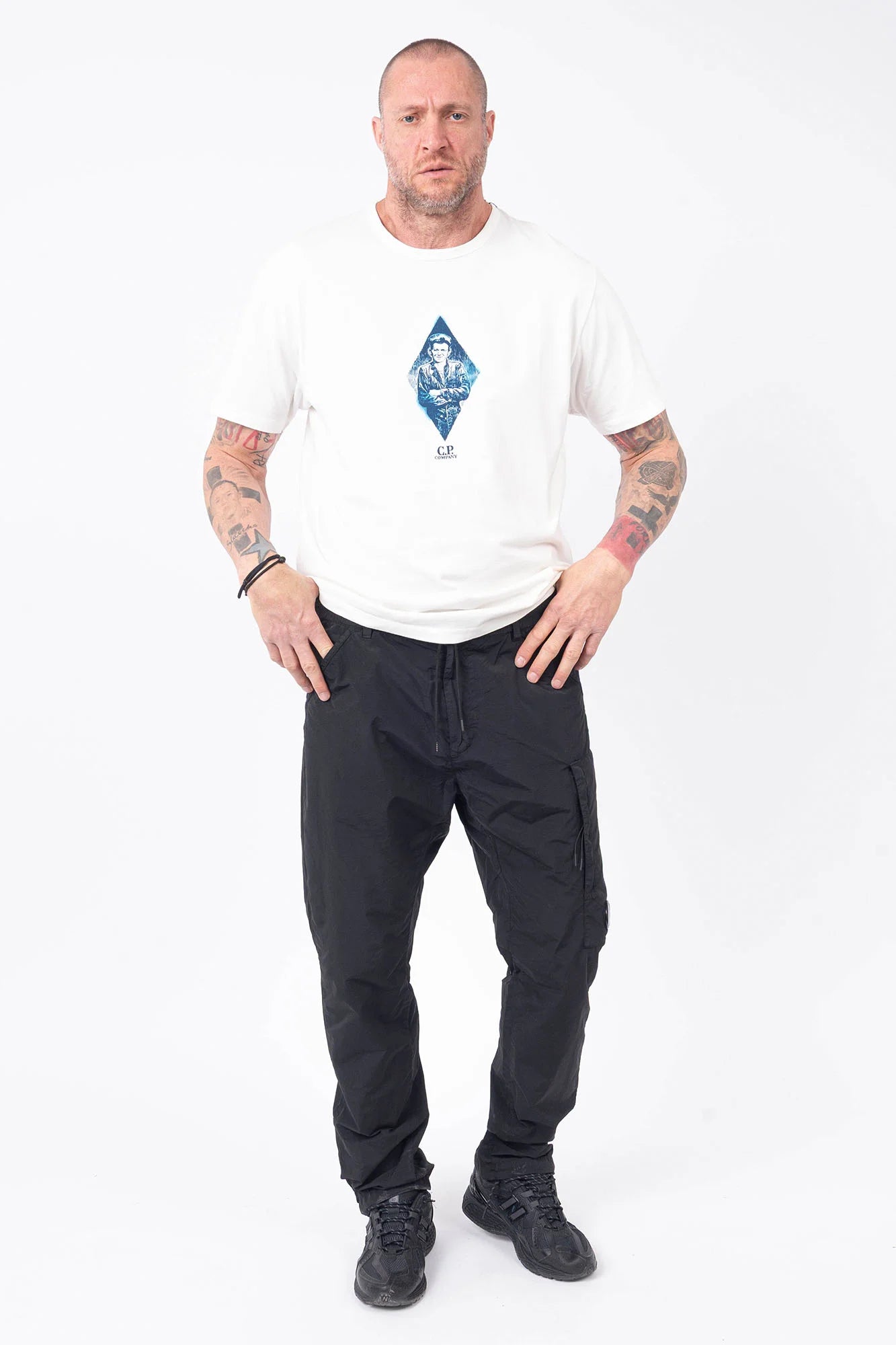 C.P. Company, Mens T-Shirt, White, Blue, Chester Perry, Massimo Osti, Blue Print, Chest and Back Print, Short Sleeves, Cotton Jersey, 100% Cotton, Hand Sprayed, Ribbed Neck and Cuffs, Crew Neck, Full Body Front View. 