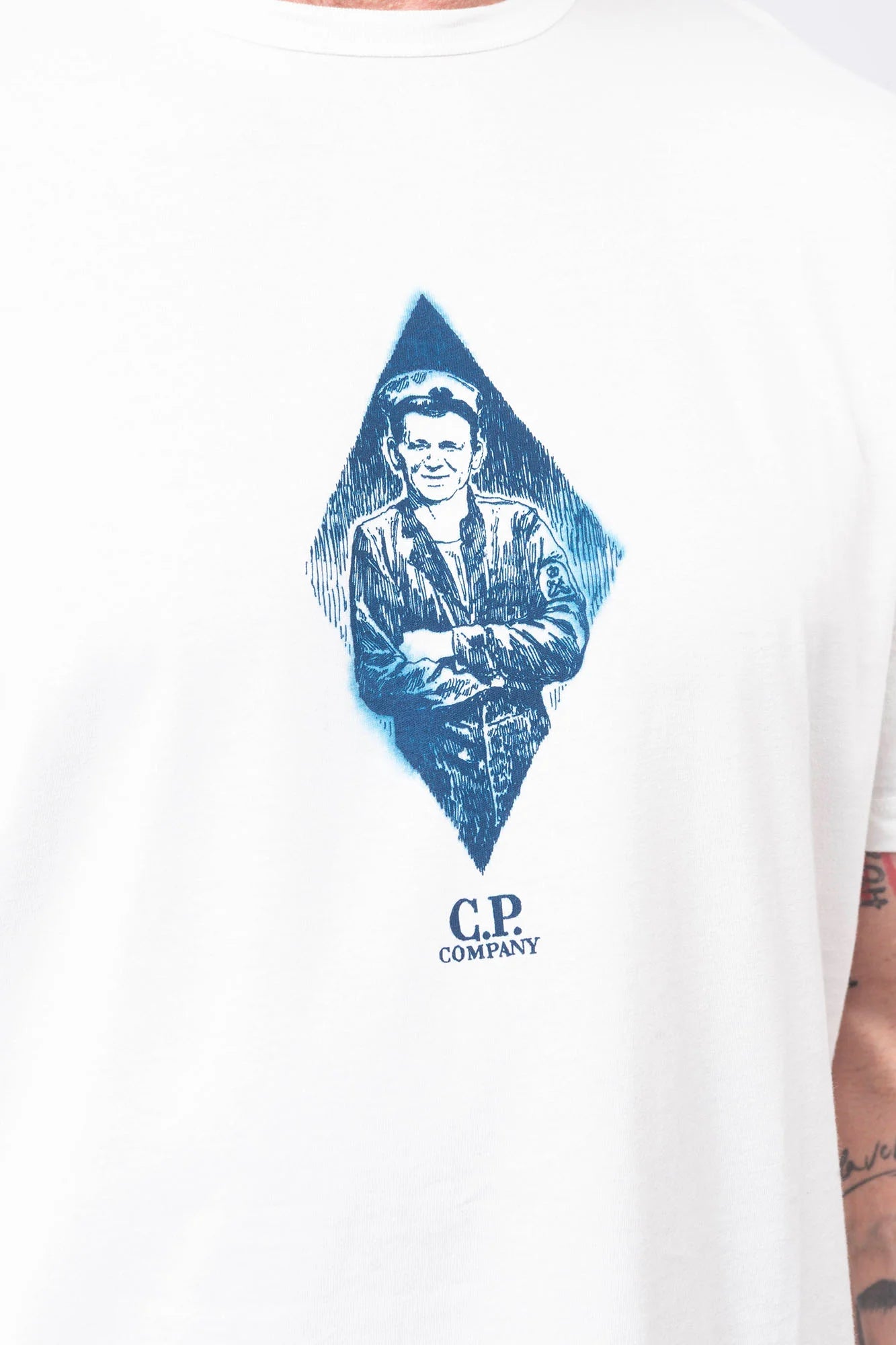 C.P. Company, Mens T-Shirt, White, Blue, Chester Perry, Massimo Osti, Blue Print, Chest and Back Print, Short Sleeves, Cotton Jersey, 100% Cotton, Hand Sprayed, Ribbed Neck and Cuffs, Crew Neck, Front Print Close-up. 