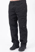 C.P. Company, Mens Pants, Black 999, Chrome-R Polyamide Nylon Trousers, Cargo Pockets, Side Pockets, Signature Lens, Lens Detail, Loose Fit, Straight Leg, Belt Loops, Zip-Fly, Button Closure, Back Pockets, British Saylor, Chester Perry, Massimo Osti, Front 3/4 View. 