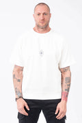 C.P. Company, Mens T-Shirt, Gauze White 103, Chest Printed Logo, British Saylor, White Print, Shor Sleeves, Ribbed Hem and Neck, 100% Organic Cotton, Massimo Osti, Chester Perry, Front Portrait. 