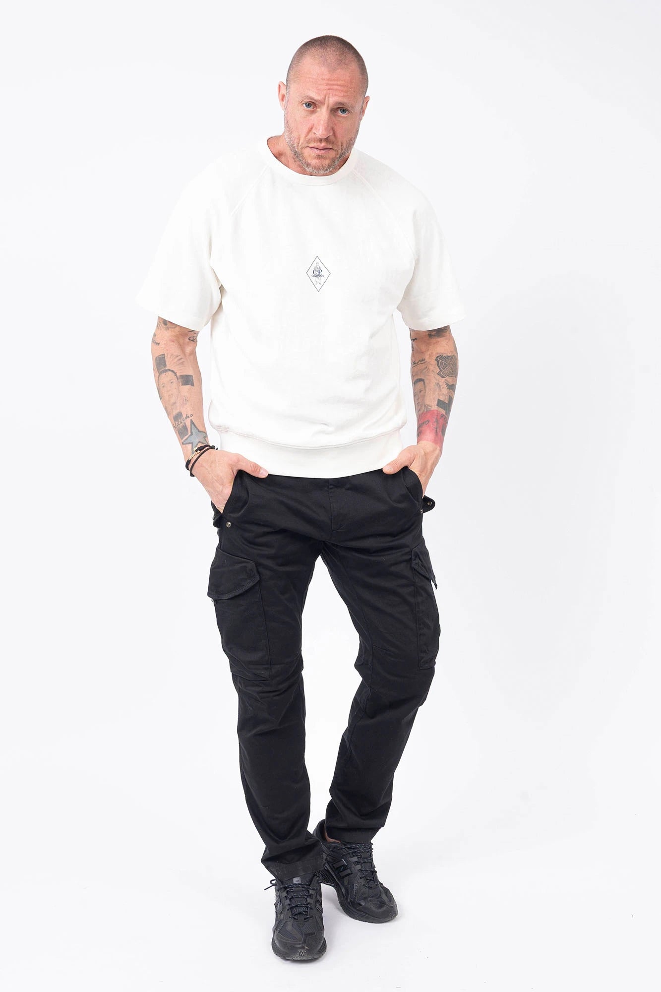 C.P. Company, Mens T-Shirt, Gauze White 103, Chest Printed Logo, British Saylor, White Print, Shor Sleeves, Ribbed Hem and Neck, 100% Organic Cotton, Massimo Osti, Chester Perry, Full Body Front View. 