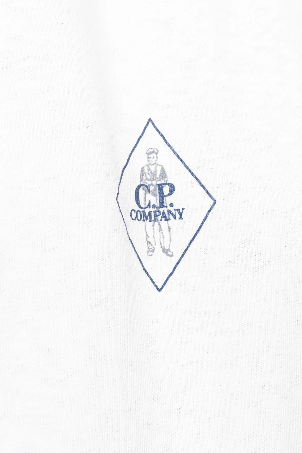 C.P. Company, Mens T-Shirt, Gauze White 103, Chest Printed Logo, British Saylor, White Print, Shor Sleeves, Ribbed Hem and Neck, 100% Organic Cotton, Massimo Osti, Chester Perry, Chest Print Close-up. 