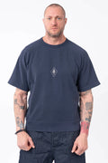 C.P. Company, Mens T-Shirt, Midnight Blue 889, Chest Printed Logo, British Saylor, White Print, Shor Sleeves, Ribbed Hem and Neck, 100% Organic Cotton, Massimo Osti, Chester Perry, Front Portrait. 
