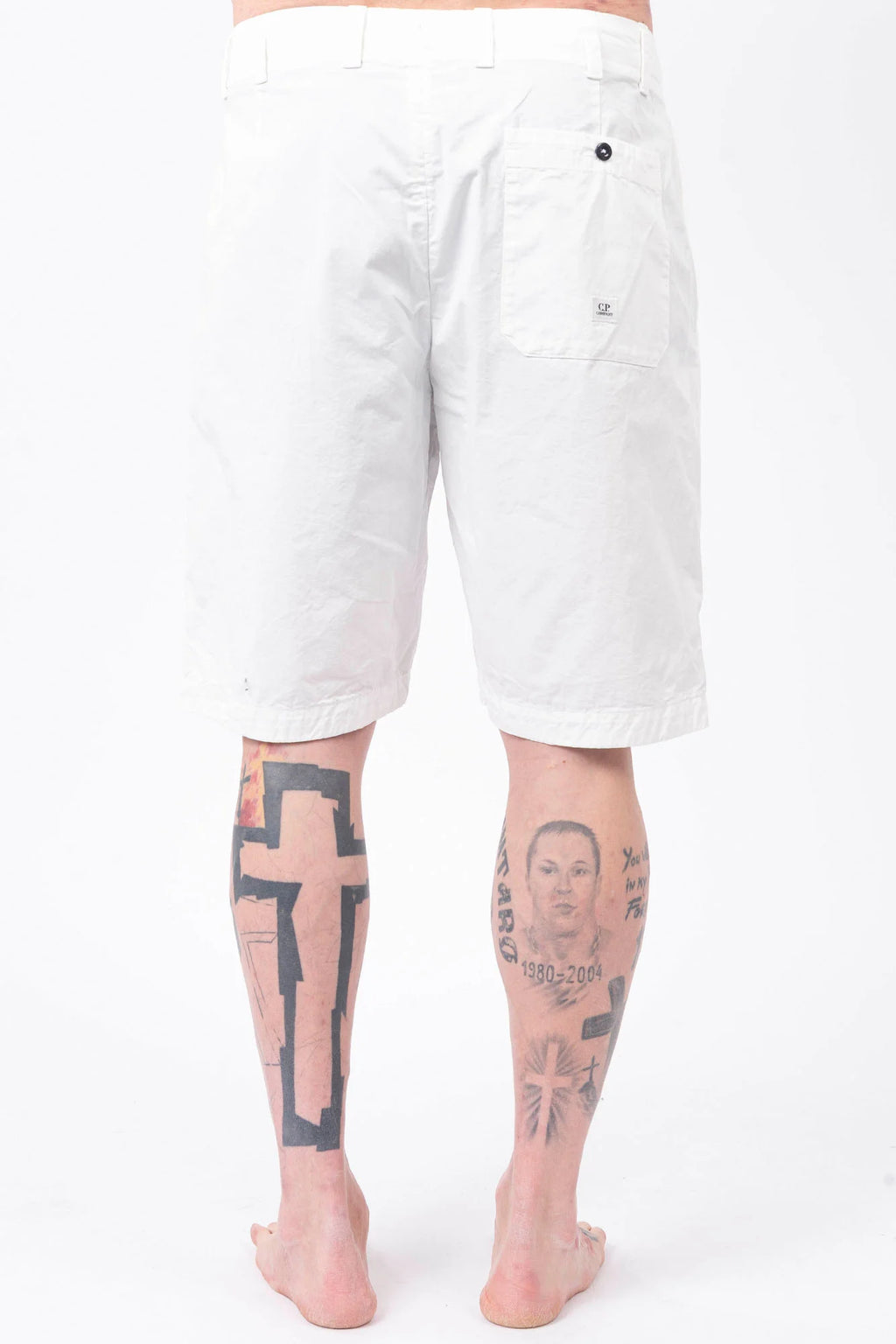 C.P. Company, Mens Shorts, Gauze White 103, Side and Back Pockets, Belt Loops, Button Closure, Breathable, Garment Dyed, Worn-in Look, Gabardine Cotton, Cotton-Polyester Lining, Back Portrait. 