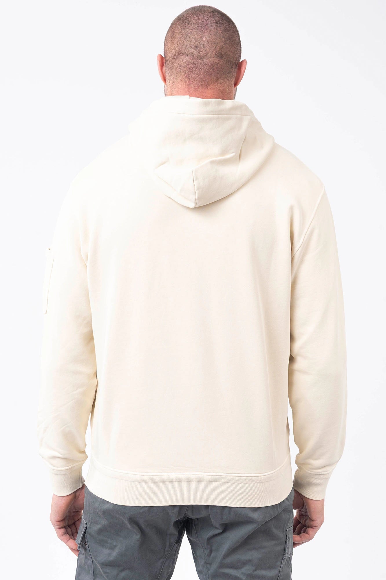 C.P. Company, Mens T-Shirt, Frozen Dew 114, White, Off-White, Ivory, Hooded, Lens Sleeve Pocket, Ribbed Hem, Ribbed Cuffs, Kangaroo Pocket, Drawstring Hood, Silver Tone Drawstring Details, C.P. Company Grey Cotton Cargo Pants, Massimo Osti, Chester Perry, British Saylor, Back Portrait. 