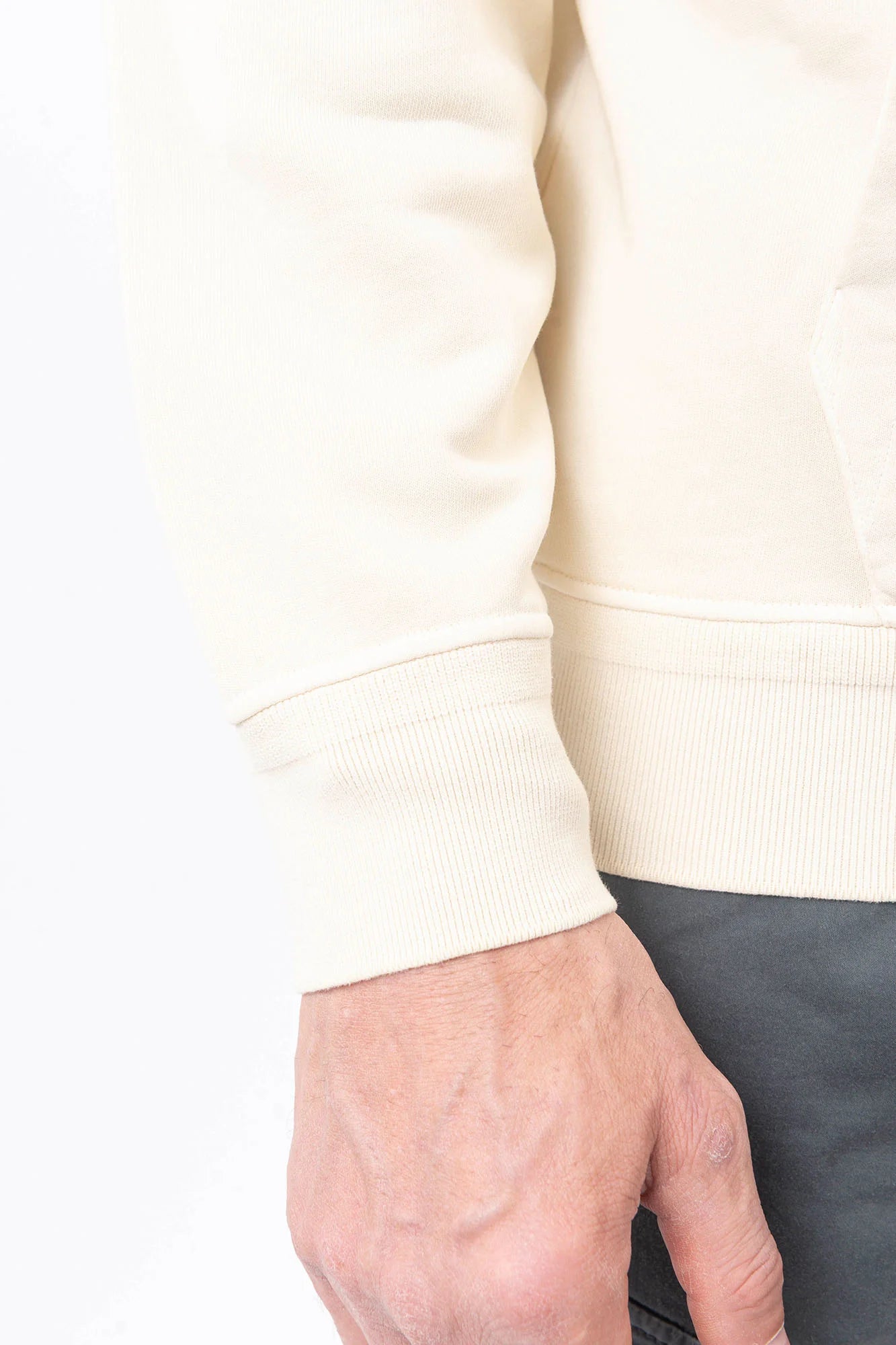 C.P. Company, Mens T-Shirt, Frozen Dew 114, White, Off-White, Ivory, Hooded, Lens Sleeve Pocket, Ribbed Hem, Ribbed Cuffs, Kangaroo Pocket, Drawstring Hood, Silver Tone Drawstring Details, C.P. Company Grey Cotton Cargo Pants, Massimo Osti, Chester Perry, British Saylor, Ribbed Cuff and Hem Close-up. 
