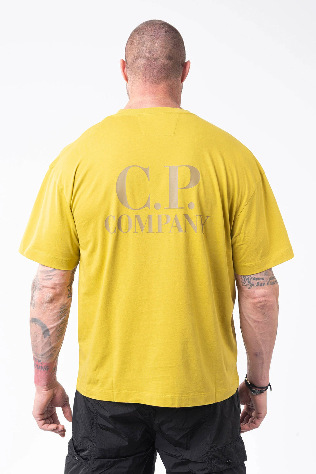 C.P. Company, Mens T-Shirt, Black 999, Chest and Back Print, Short Sleeves, Ribbed Hems and Neck, Crew Neck, Grey logo print, Breathable, Massimo Osti, Chester Perry, British Saylor, Back Portrait. 