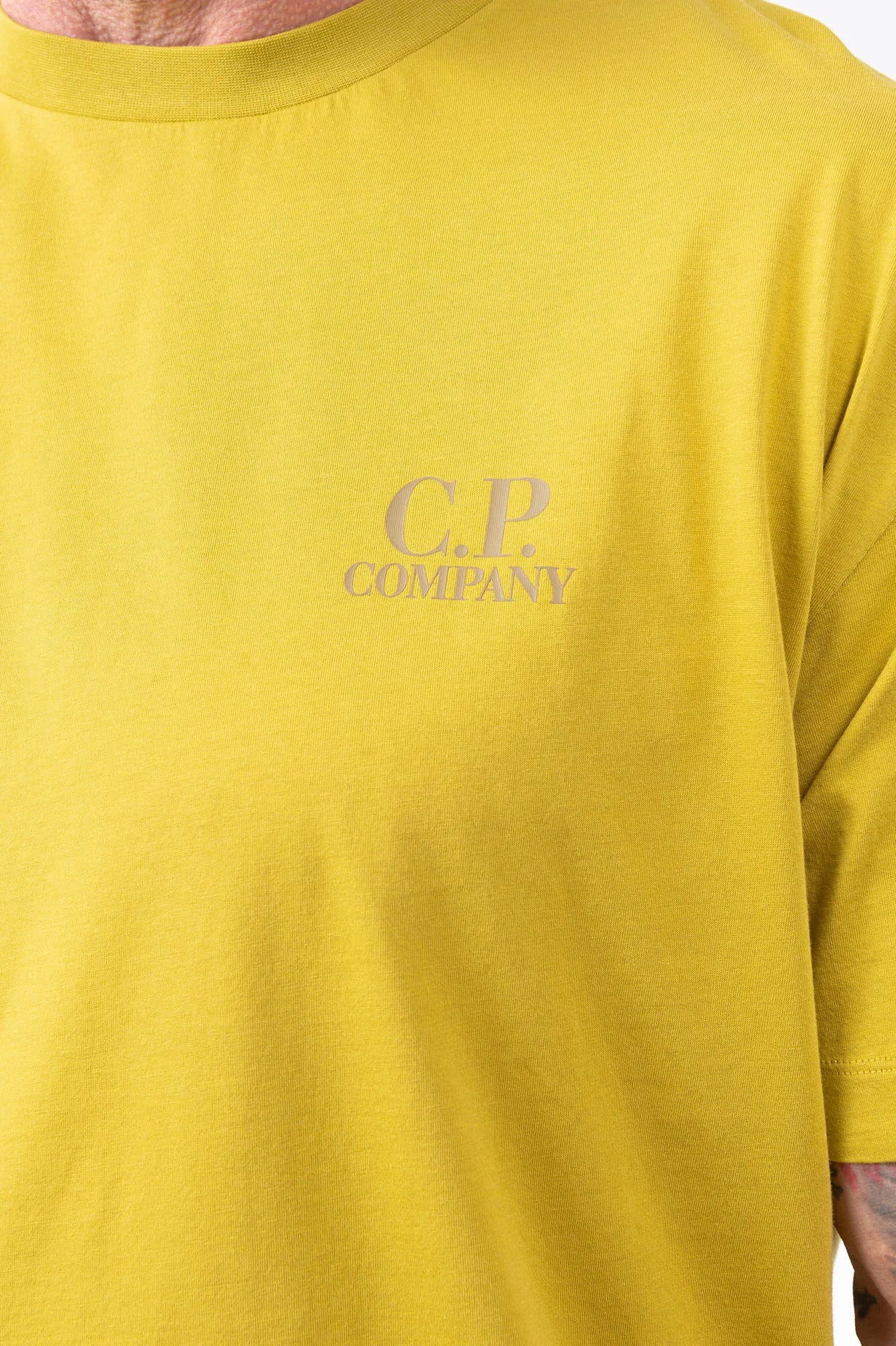 C.P. Company, Mens T-Shirt, Black 999, Chest and Back Print, Short Sleeves, Ribbed Hems and Neck, Crew Neck, Grey logo print, Breathable, Massimo Osti, Chester Perry, British Saylor, Chest Print Close-up. 