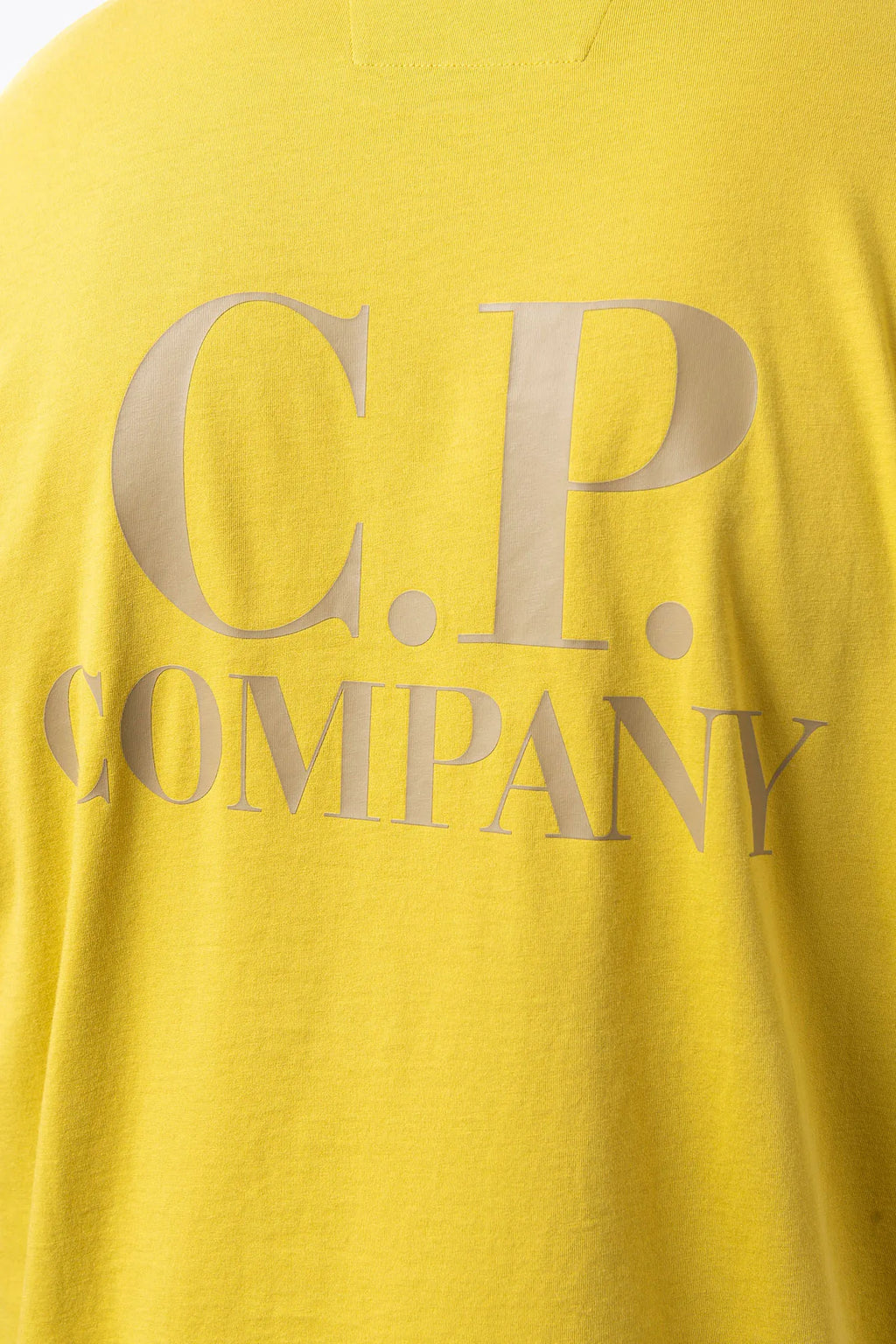 C.P. Company, Mens T-Shirt, Black 999, Chest and Back Print, Short Sleeves, Ribbed Hems and Neck, Crew Neck, Grey logo print, Breathable, Massimo Osti, Chester Perry, British Saylor, Back Print Close-up. 