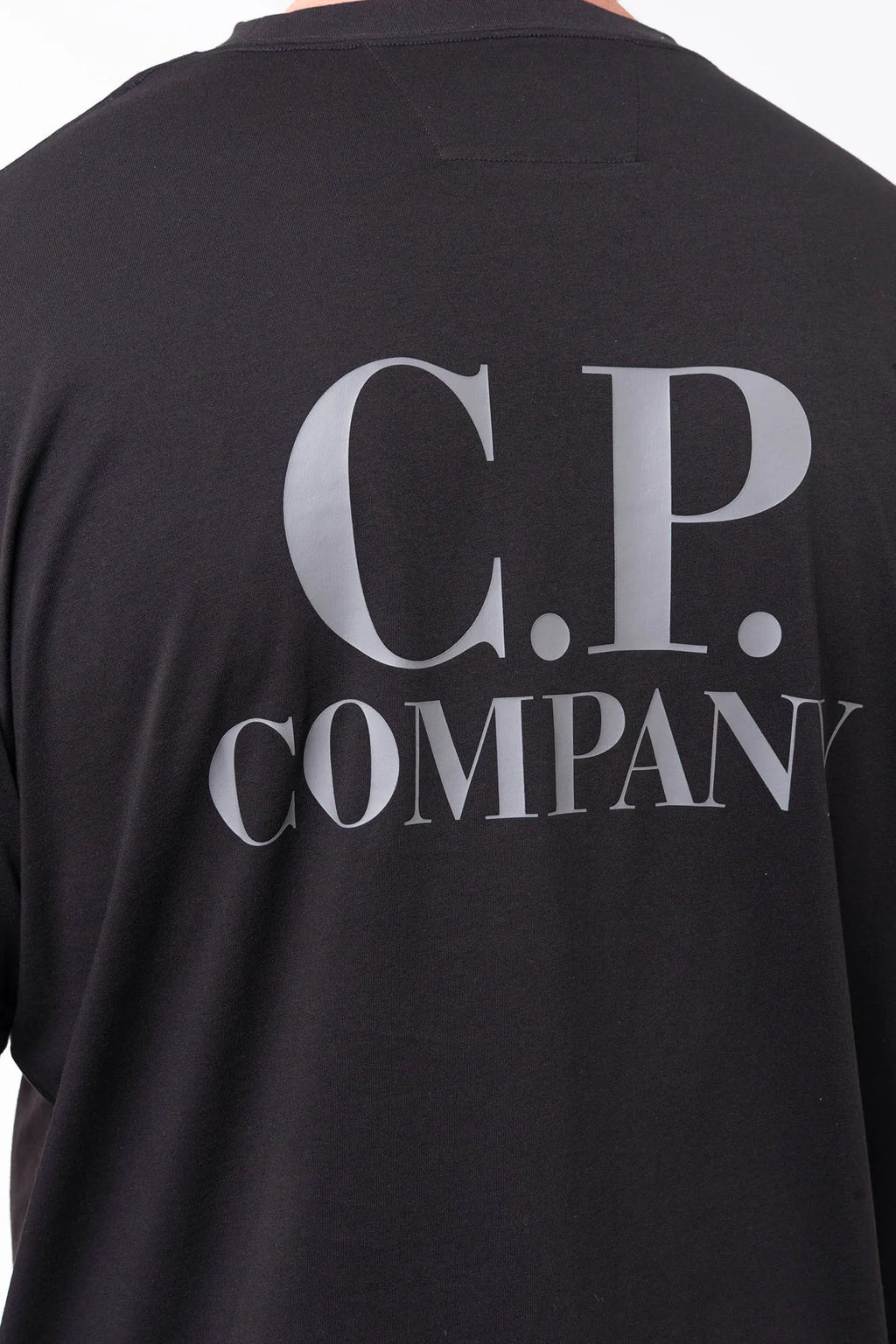 C.P. Company, Mens T-Shirt, Black 999, Chest and Back Print, Short Sleeves, Ribbed Hems and Neck, Crew Neck, Grey logo print, Breathable, Massimo Osti, Chester Perry, British Saylor, Back Print Close-up. 