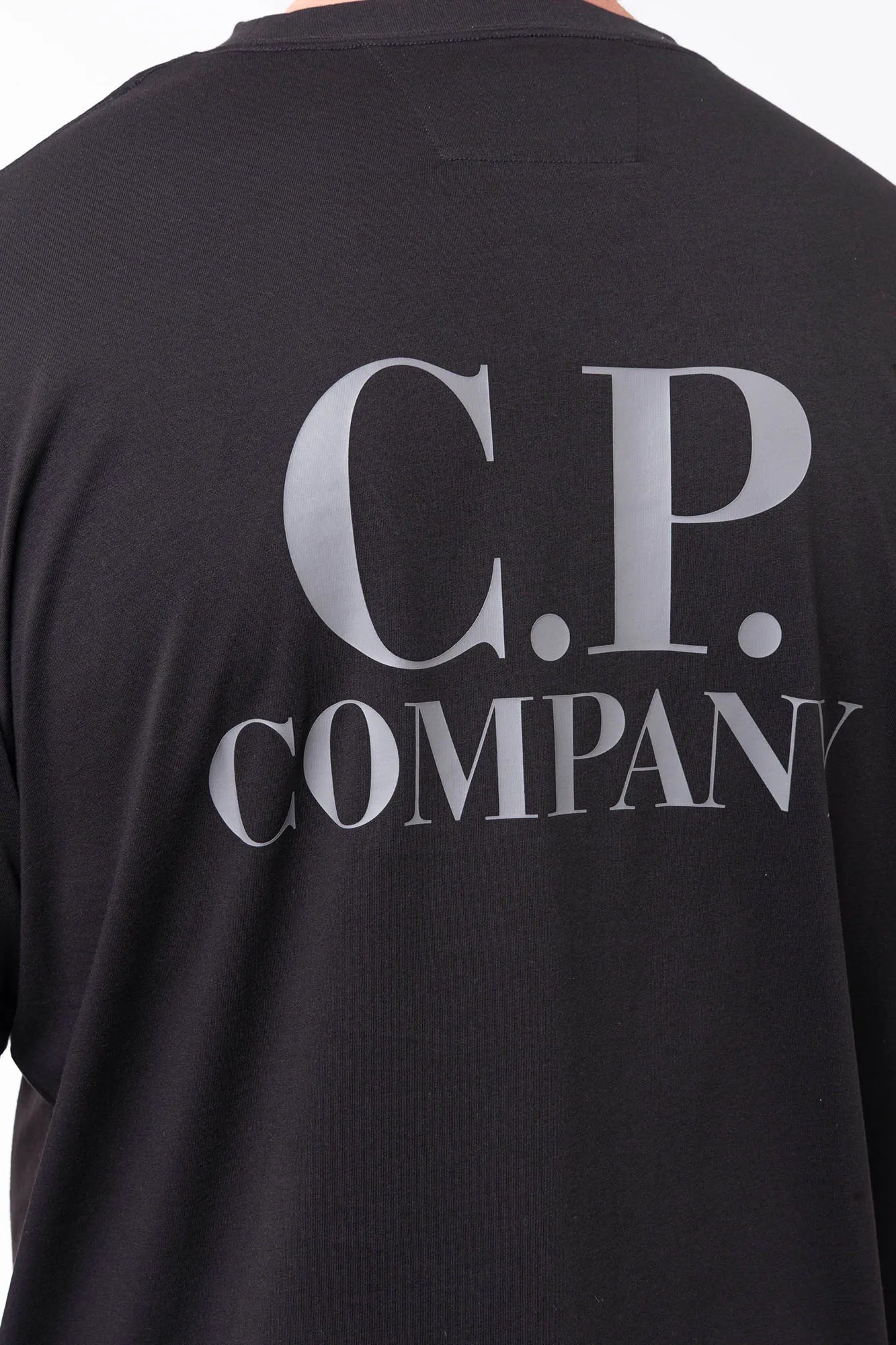 C.P. Company, Mens T-Shirt, Black 999, Chest and Back Print, Short Sleeves, Ribbed Hems and Neck, Crew Neck, Grey logo print, Breathable, Massimo Osti, Chester Perry, British Saylor, Back Print Close-up. 