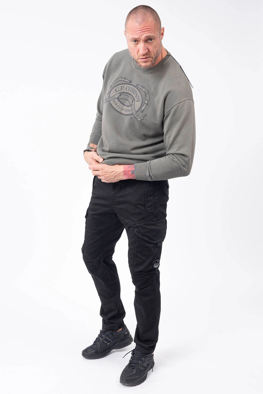C.P. Company, Mens Sweatshirt, Grey, Gunmetal 921, Gray, Long Sleeves, Ribbed Hem, Ribbed Neck, Ribbed Cuffs, Polyester Logo Embroidery, Chest Embroidery, Massimo Osti, Chester Perry, Organic Cotton, Full Body Front View. 