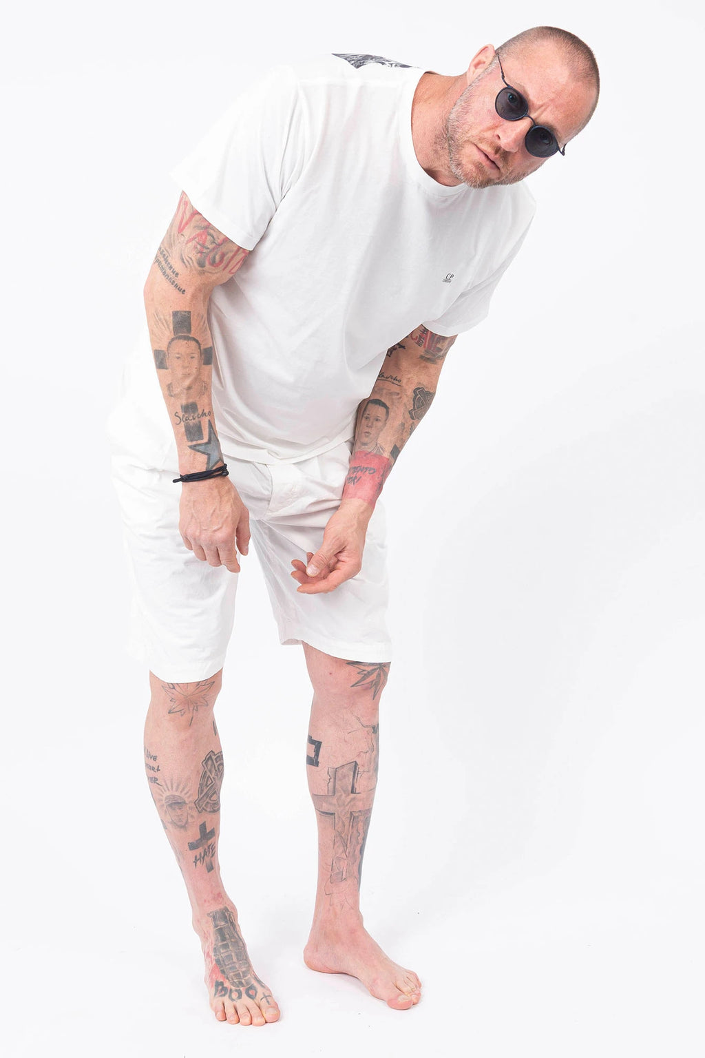 C.P. Company, Mens T-Shirt, Gauze White 103, 100% Organic Cotton, Short Sleeves, Round Neck, Crew Neck, Chest Logo Print, Back Goggles Print, Lightweight, Breathable, Massimo Osti, Chester Perry, British Saylor, Full Body Leaned Forward, C.P. Company Cotton Gabardine Shorts White, Rigards Sunglasses. 