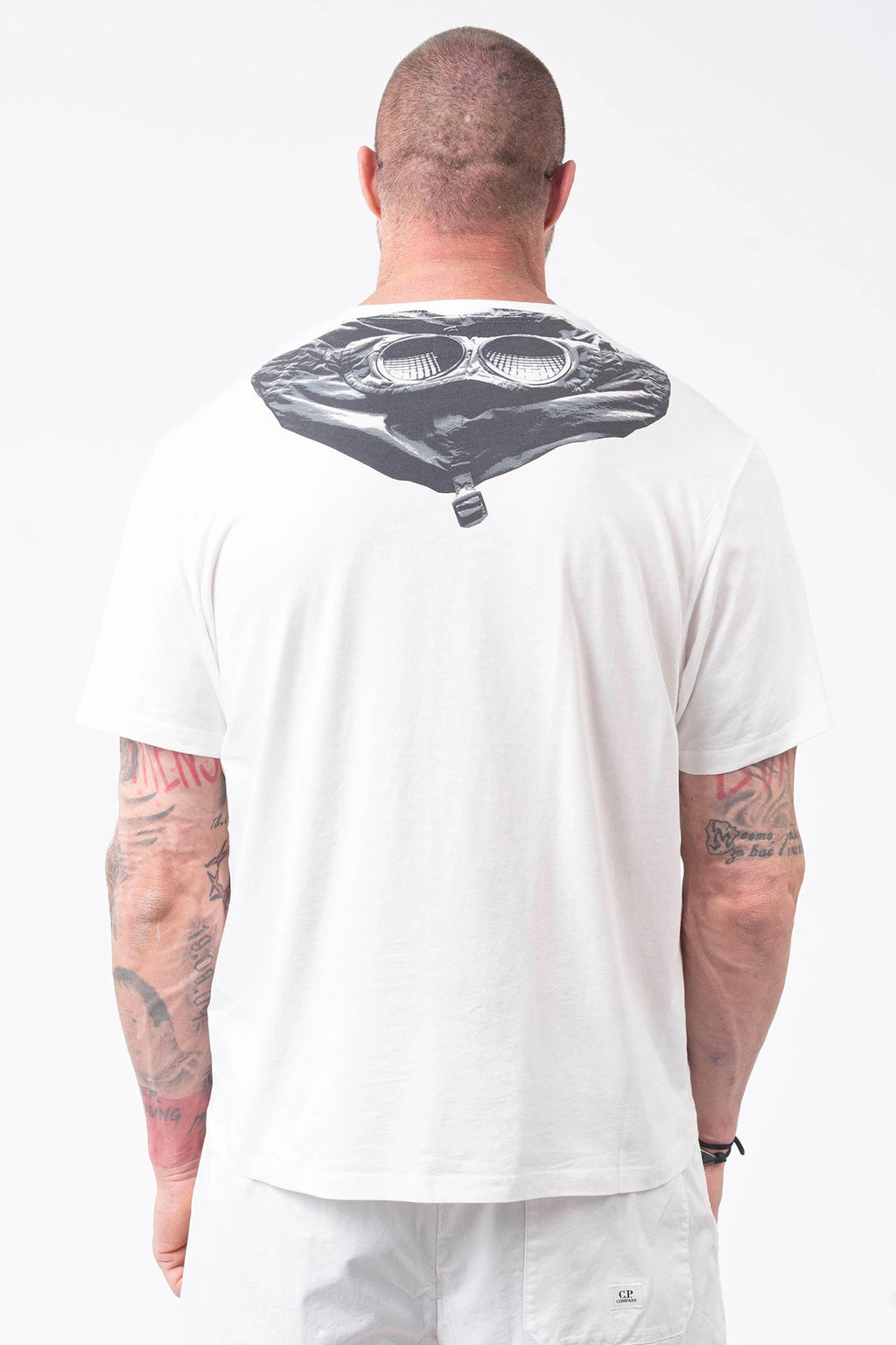 C.P. Company, Mens T-Shirt, Gauze White 103, 100% Organic Cotton, Short Sleeves, Round Neck, Crew Neck, Chest Logo Print, Back Goggles Print, Lightweight, Breathable, Massimo Osti, Chester Perry, British Saylor, Back Portrait 'Goggles' Print Showcase. 