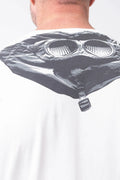 C.P. Company, Mens T-Shirt, Gauze White 103, 100% Organic Cotton, Short Sleeves, Round Neck, Crew Neck, Chest Logo Print, Back Goggles Print, Lightweight, Breathable, Massimo Osti, Chester Perry, British Saylor, Back Print Close-up Showcase. 