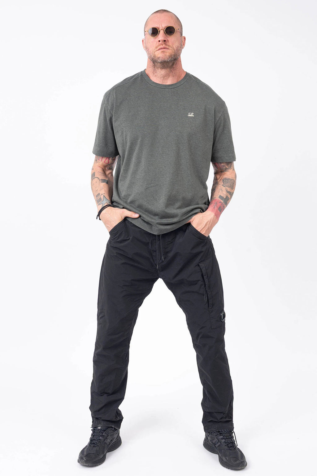 C.P. Company, Mens T-Shirt, Gunmetal 921, Grey, Gray, Short Sleeves, Ribbed Hems and Neck, Chest Logo Print, Organic Cotton, Garment Dyed, Chester Perry, Massimo Osti, Full Body Front View. 